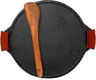 Rock Tawa Dosa Tawa 12 Inch Pre-Seasoned Cast Iron with Free Wooden Spatula and Silicon Grip Cover