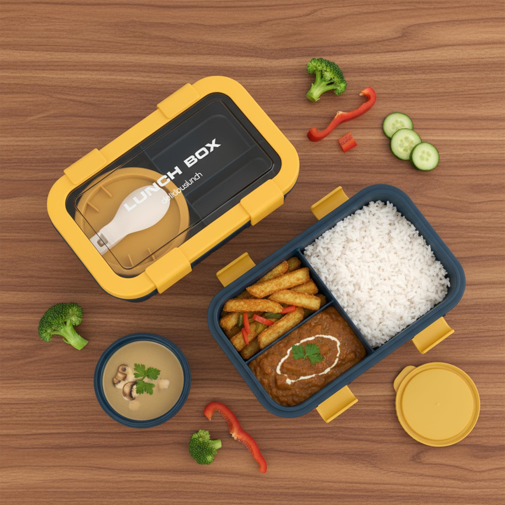 BAYBEE Leakproof Lunch Box with 4 Compartments & Sauce Container | BPA-Free Airtight Bento Box 1250ml with 4-Side Locking System, Spoon | Hot Food Storage Tiffin Box for School Kids & Adults (Yellow)