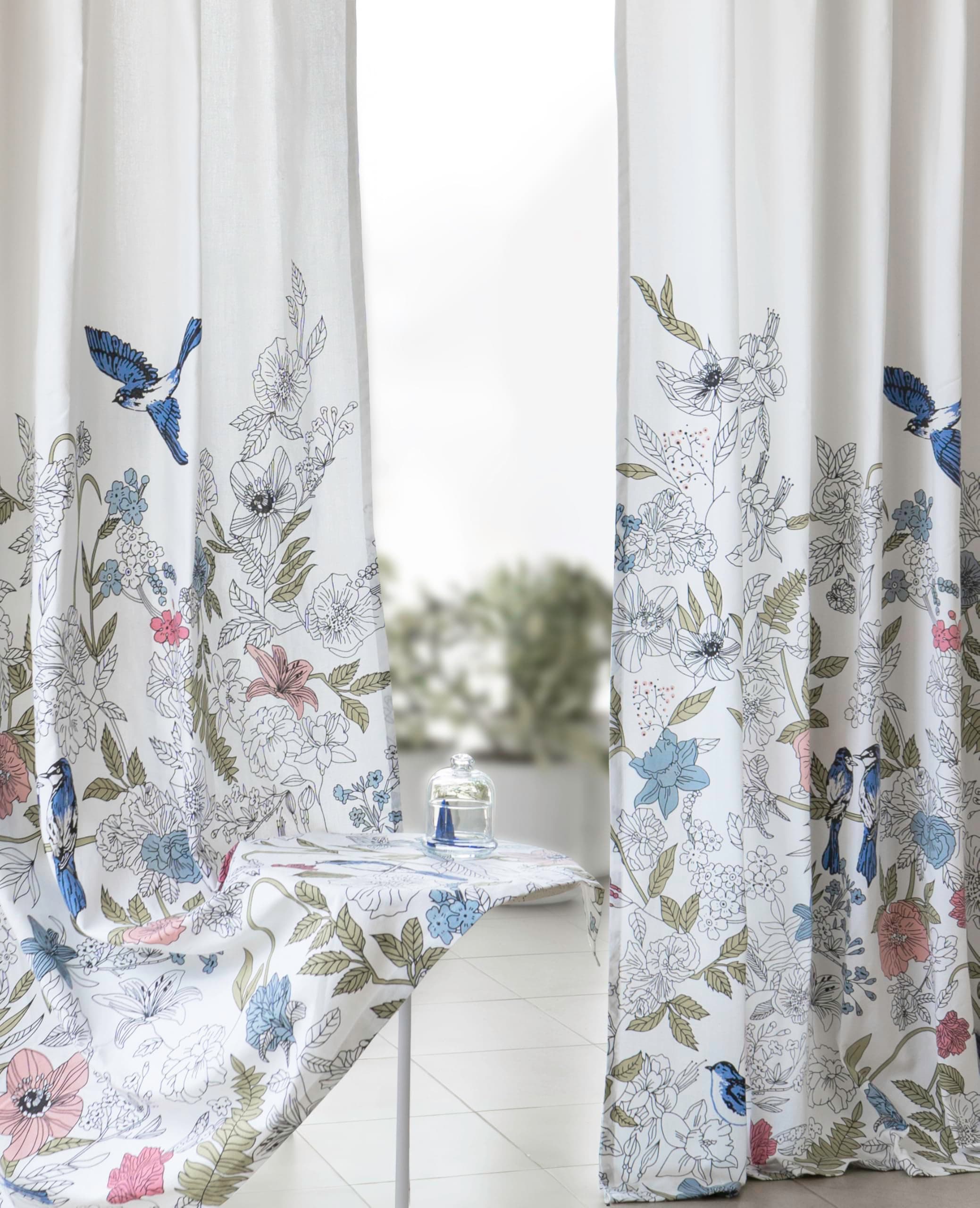 Tranquebar Curtain Co. Window Curtains 6 Feet, 60-65% Room Darkening, Blue Floral & Bird Print, Cotton Curtains for Window, Cotton Curtains 6 Feet Long Set of 2, BackTab Loops, Dia (183 cm) - Set of 2