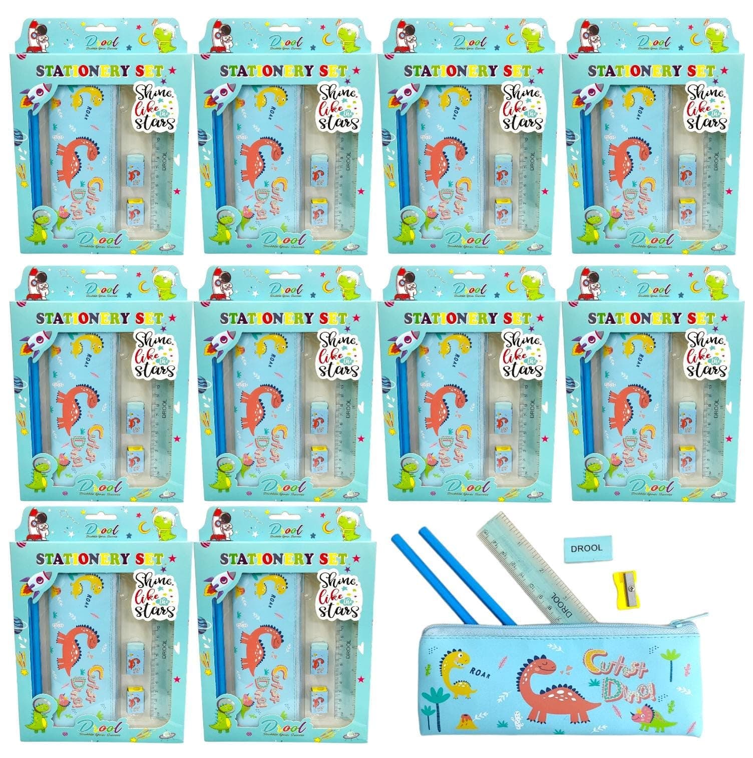 TERA 13 Dinosaur Stationary Kit for Kids, Pouch with Stationery Items for Boys and Girls, Return Gift Set, Birthday Party Return Gifts (Pack of 10)