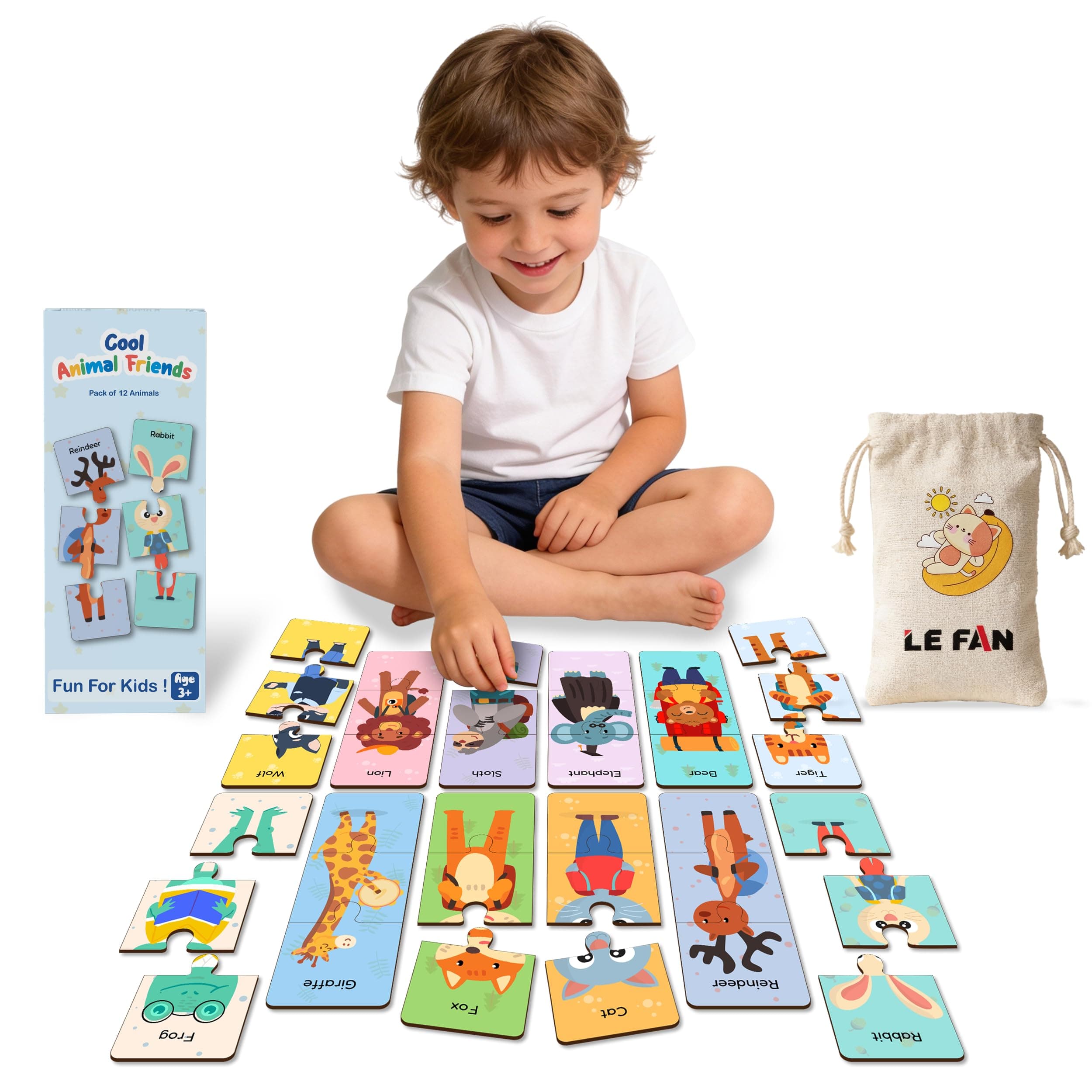 Lefan Wooden Jigsaw Puzzle for Kids (Pack of 12 Animals) | Animal Puzzle Learning Toy for Toddlers 3+ Years | Educational Matching Puzzle Board | Eco-Friendly Wooden Toys for Boys & Girls