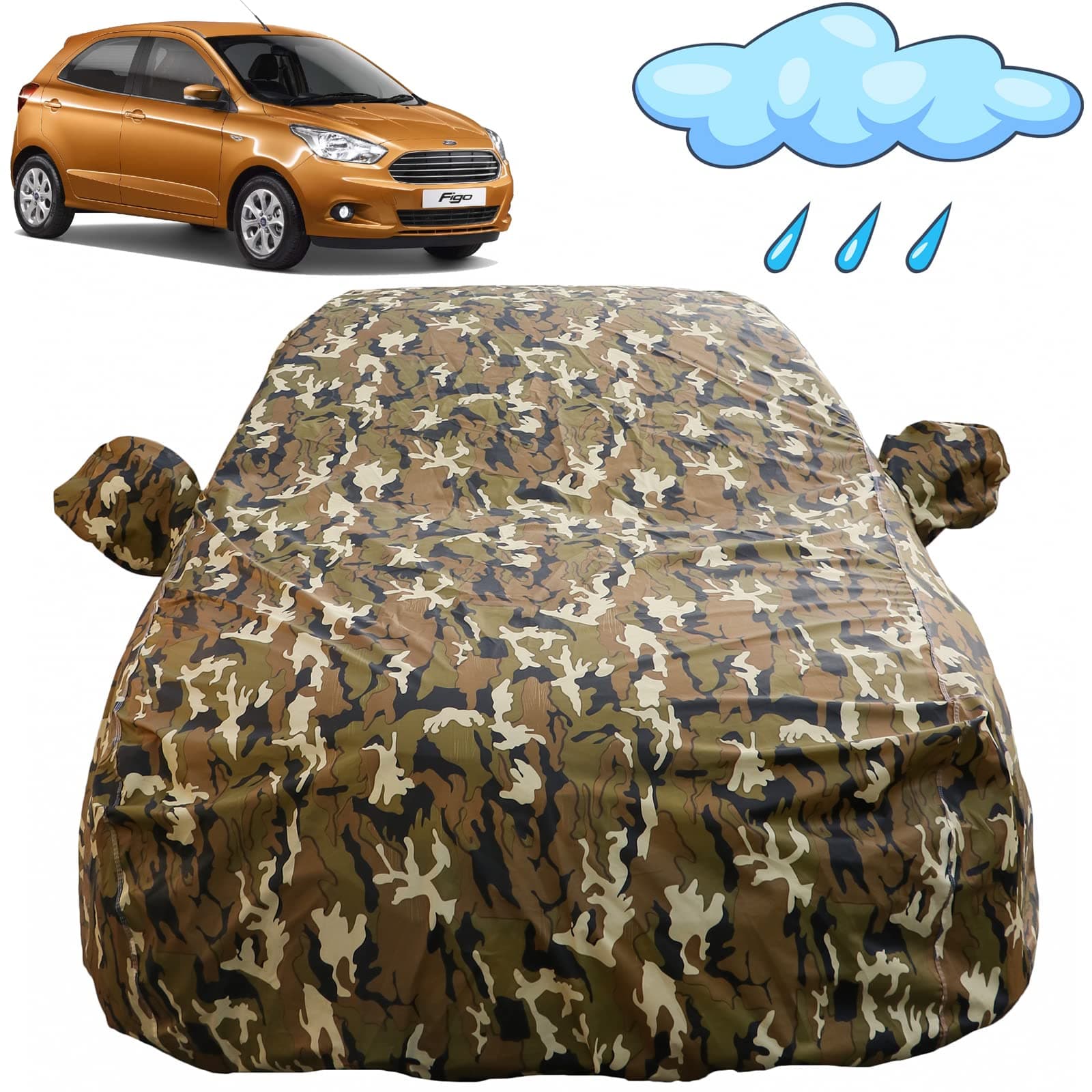 Autofact Waterproof Car Body Cover Compatible with Ford Figo (2015 to 2022) with Mirror Pockets (Camouflage Design)