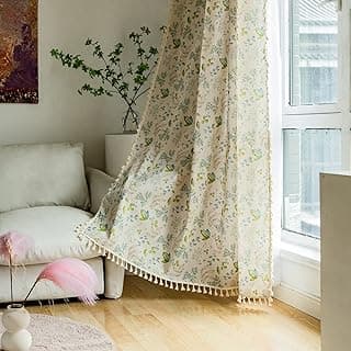 HUESLAND Cotton Curtains 7 feet Long for Door, 1 Bohemian Grommets Eyelets Curtains (Door 7 x 4 ft, Green Leaf Floral)