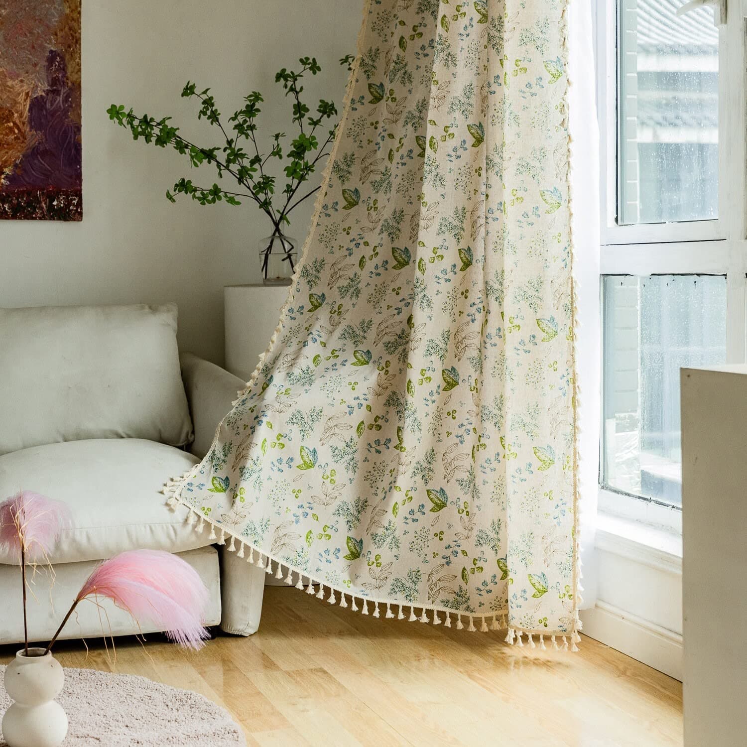 HUESLAND Cotton Curtains 8 feet Long for Door, Bohemian Eyelet Curtain 1 pc only (Long Door 8 x 4 ft, Green Leaf Floral)