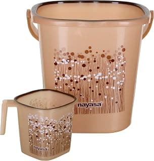 Square Ring Funk Bucket and Mug Set (1pcs Set) | 18 LTR Bucket + 1.5Ltr Mug | Bathroom Set| Strong Sturdy and Durable | Ideal for Daily Use| Bucket and Mug with Stool | Brown