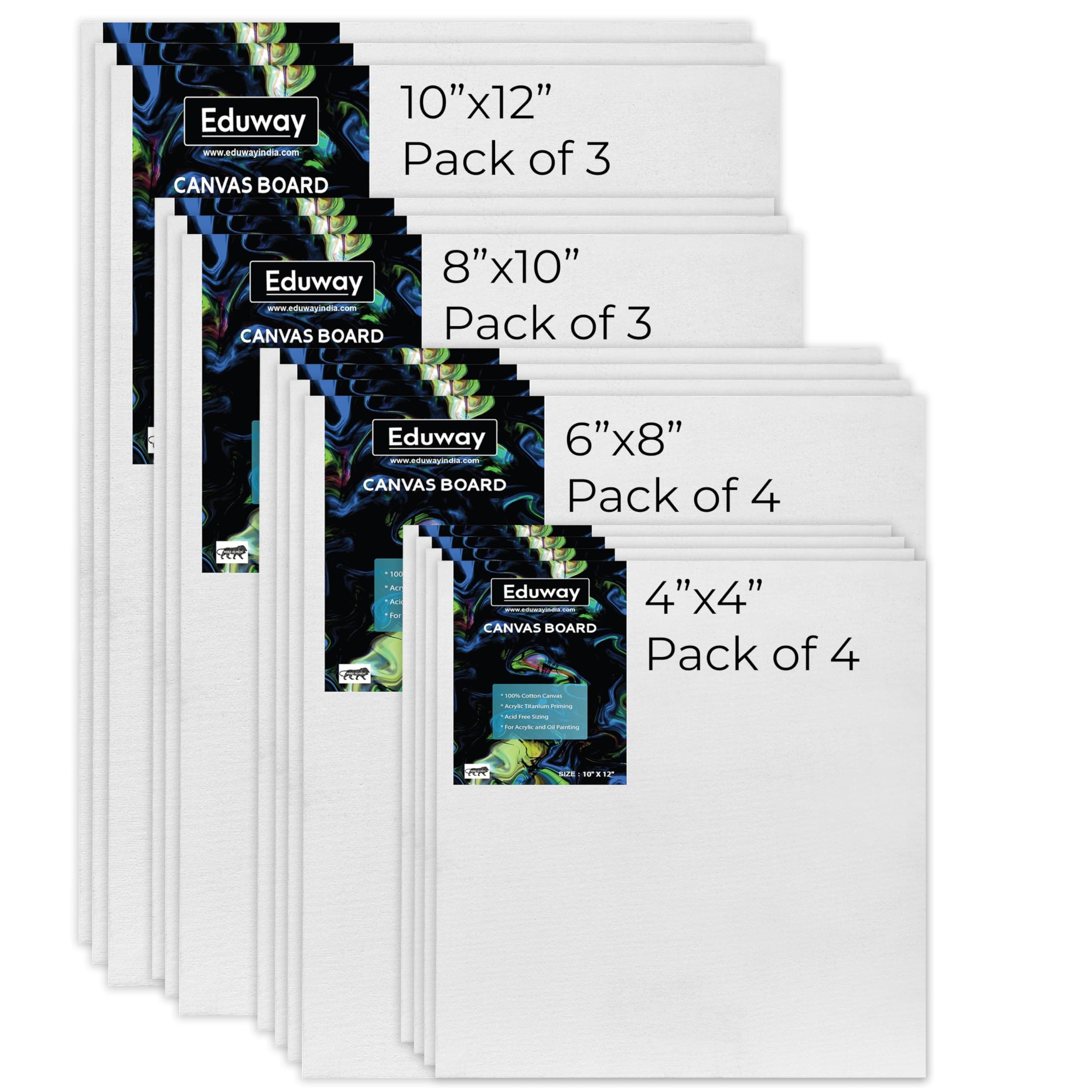 Eduway® Canvas Board for Painting- (4"x4", 6"x8") Each 4,(8"x10", 10"x12") Each 3 | Premium Quality 7Oz Pre-Primed Cotton Canvas Board for Artists & Beginners (Pack of 14)