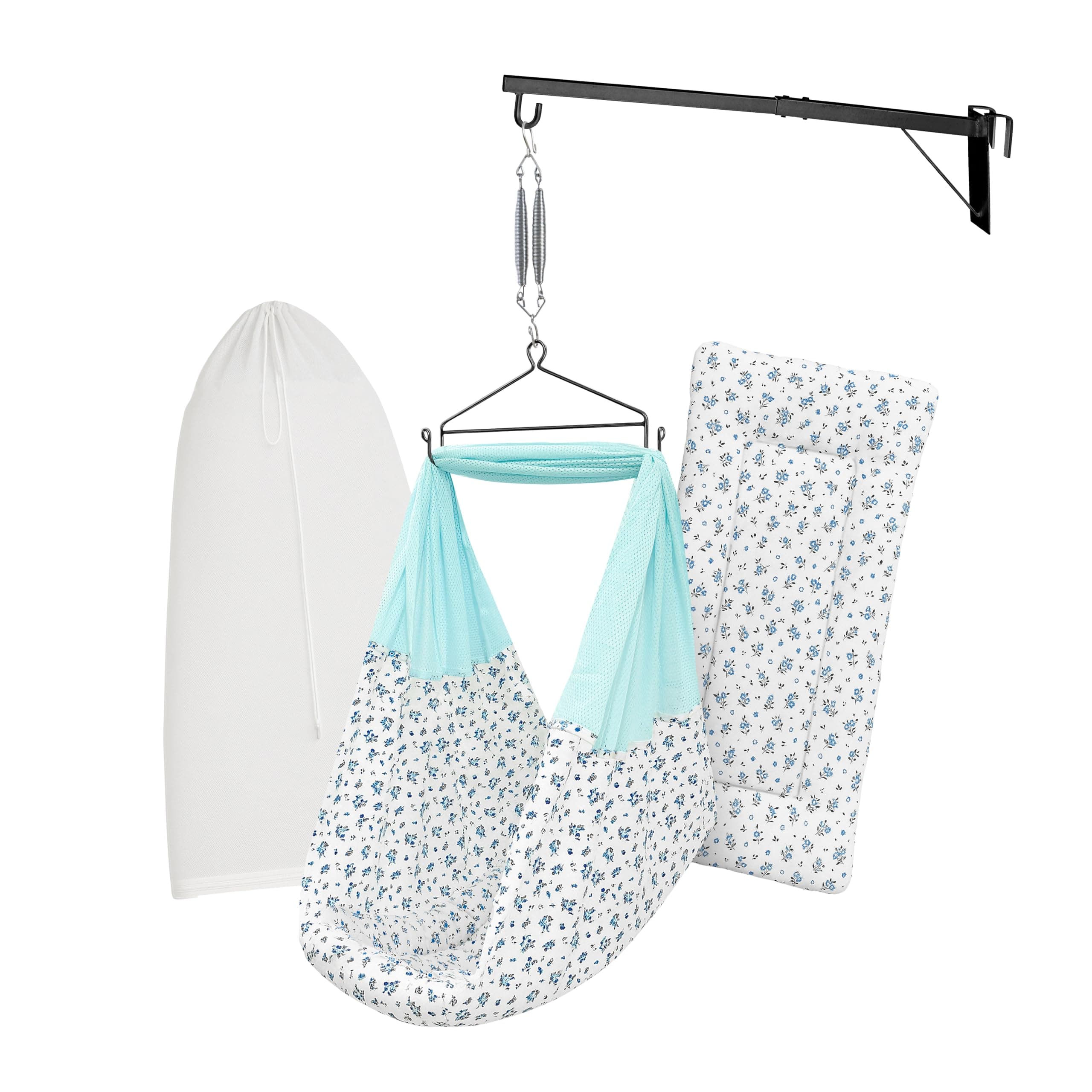 beetot Baby Cradle Swing/Jhula (Thottil Cloth, Palna, Dolna) Set | Hanging Cradle with Padded Bed, Mosquito Net, Spring, Triangle & Window Hanger | FS-Emily Blue