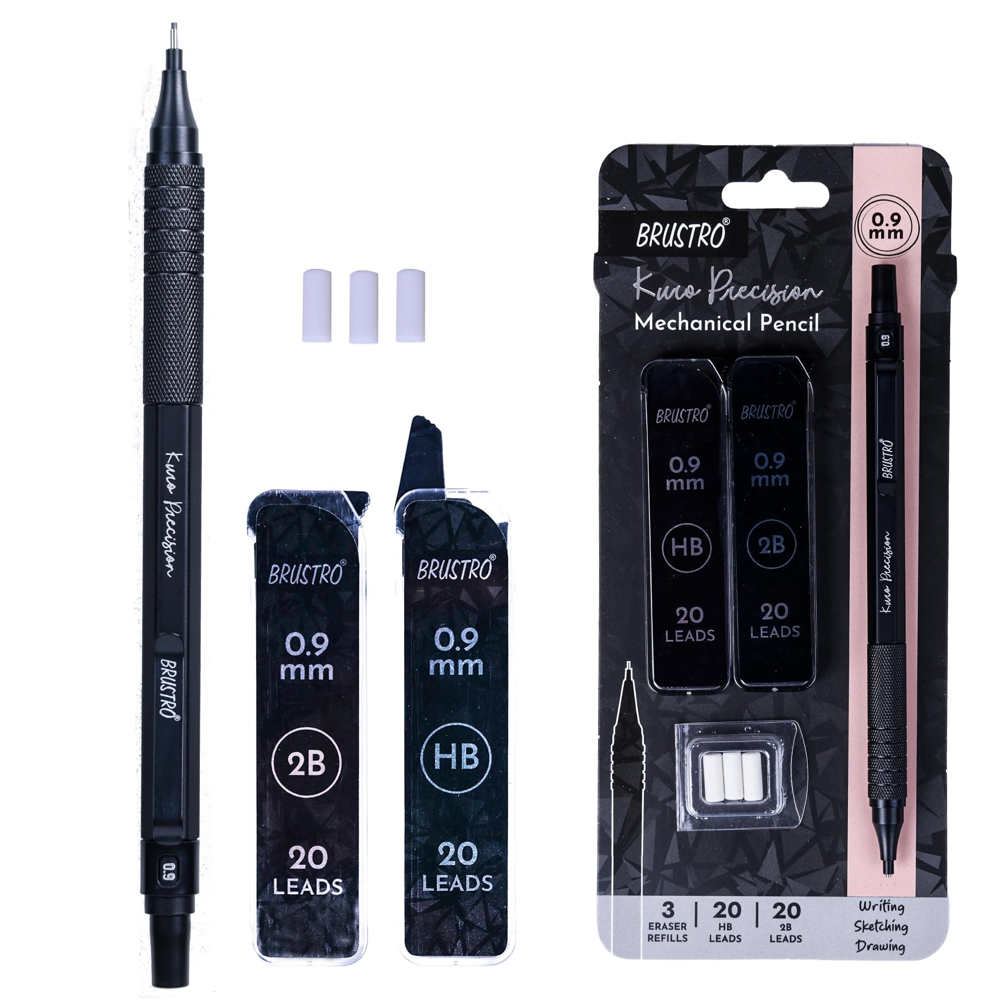 BRUSTRO Kuro Precision Mechanical Pencil | Tip Size - 0.9mm With 20 - HB and 20-2B leads, 3 Eraser Refills| Ideal For Writing, Sketching, Drawing, Mandala Arts and Fine Art Students