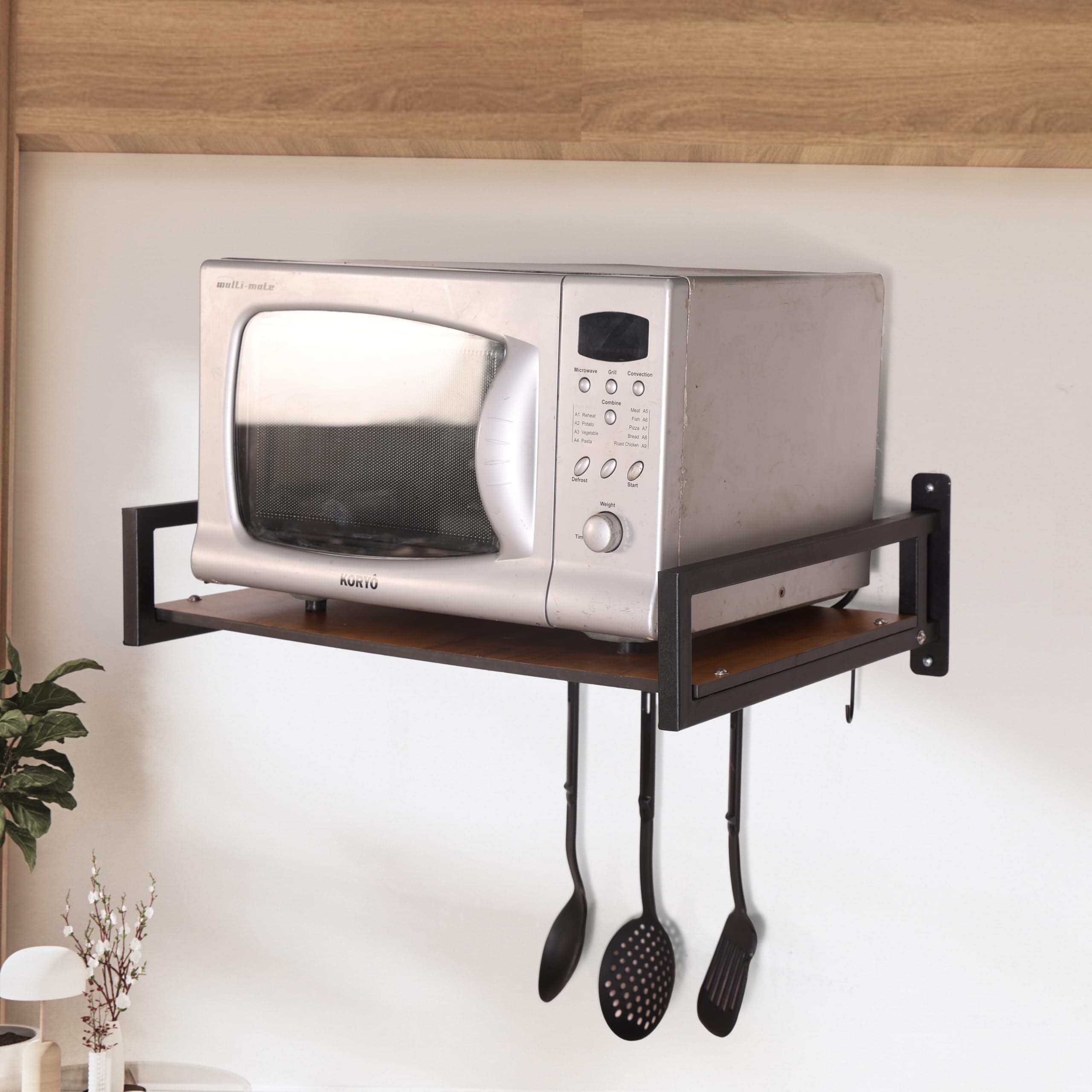 KYZEN Deluxe Wall Mount Microwave Oven Stand with Pot Rack, 5 Hooks & Storage Container | Heavy-Duty Shelf for Microwave, OTG, Air Fryer, Grinder & Kitchen Organization (Wooden) Appliances WM_Delux_W