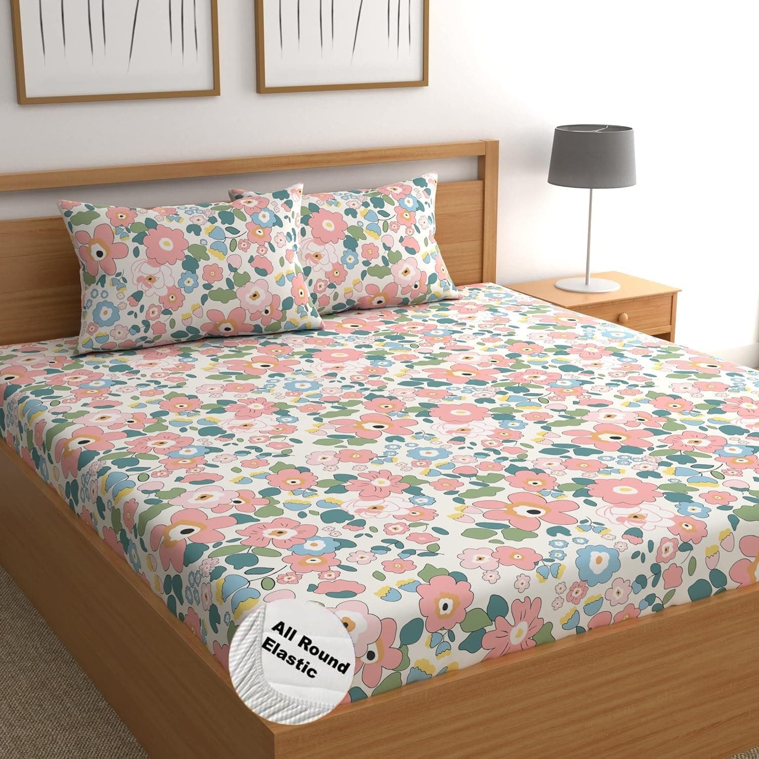 DECOMIZER 300 TC Cotton Feel Glace Cotton Elastic Fitted Printed Queen Size Double Bed Bedsheet with 2 Pillow Cover Fits Upto 8 inches Mattress,Size- 60x78x10 Inches,Pink Flower