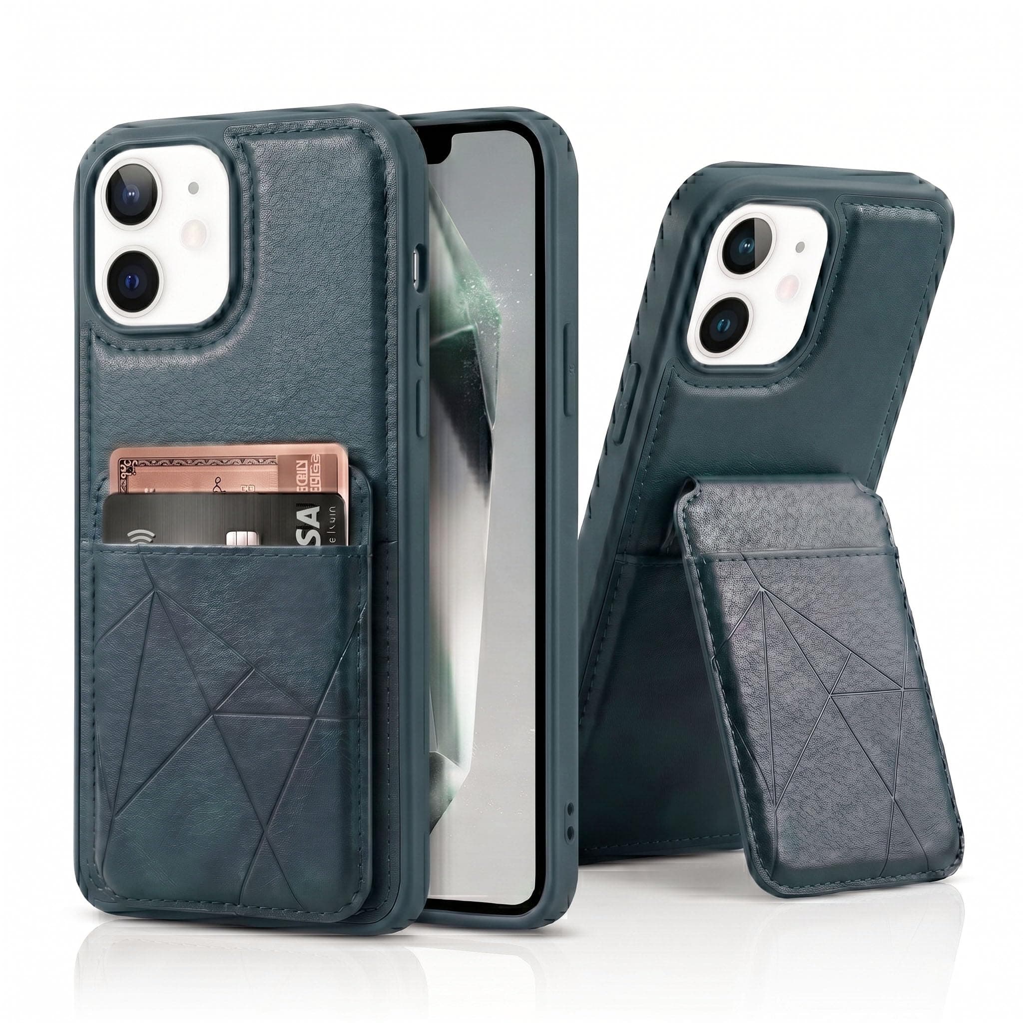 amazon basics Premium Vegan Leather Back Cover with Card Holder and Integrated Mobile Stand for iPhone 12 – Slim Shockproof Wallet Case with Geometric Stitching [Blue]