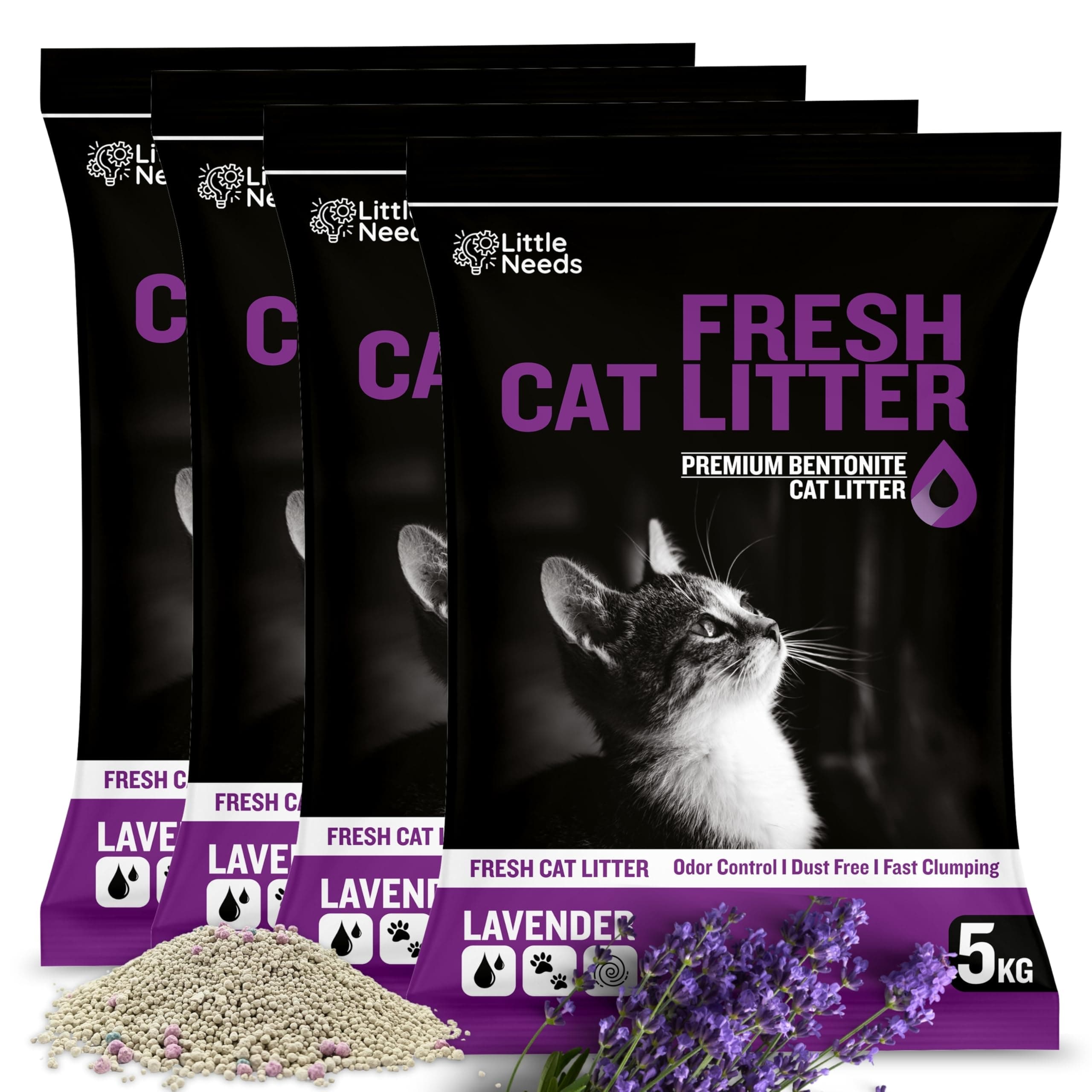 Little Needs Premium Bentonite Cat Litter Sand - 20kg | (5kg x 4 Packs) with Lavender Fragrance | Low-Dust, Strong Odour Control, Instant Clumping Litter for Cats & Kittens
