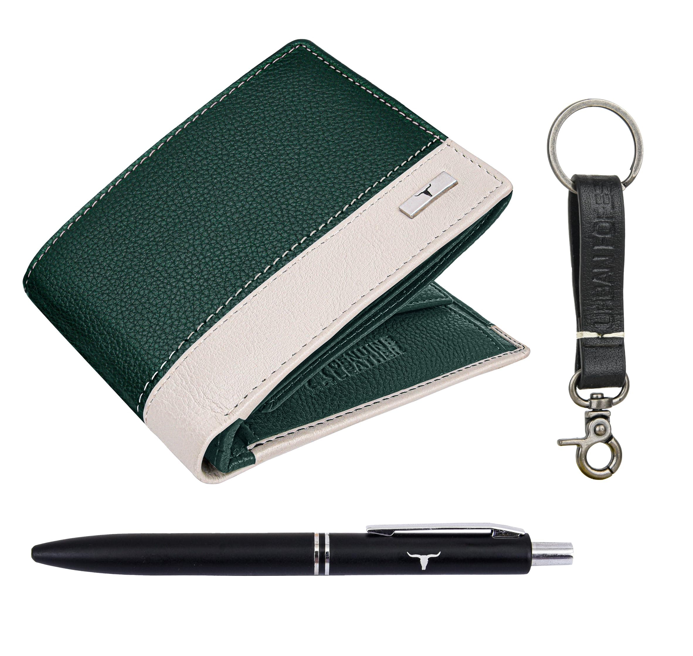 URBAN FOREST Saul Nappa Green/Sand Leather Wallet, Black Pen & Keychain Combo Gift Set for Men