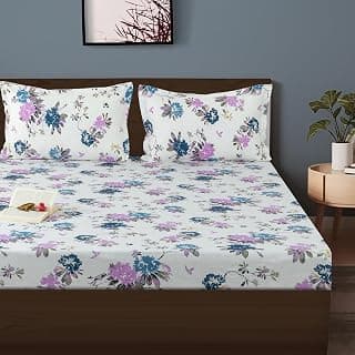 Swayam Pure Cotton King Fitted Bedsheet with 2 Pillow Covers | Size 72 x 78 x 10 inch | 210 TC | Floral Design | Soft Breathable Bed Sheet | Comfortable & Durable for Bedroom - Cream & Blue