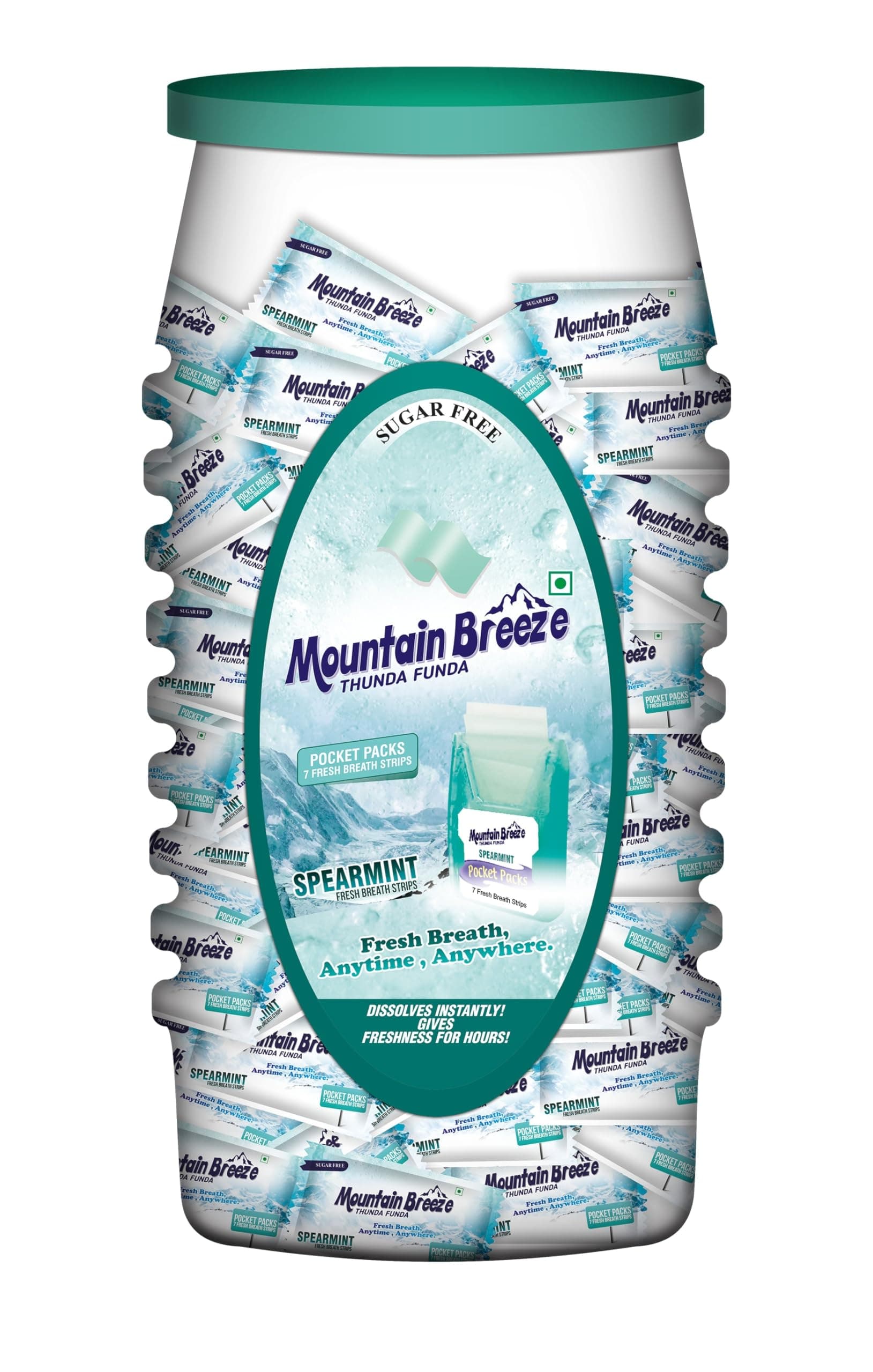 Mountain Breeze Sugar-Free Spearmint Fresh Breath Strips JAR 7 Strips each cassette (Pack of 40) 40 x 7 = 280 Strips