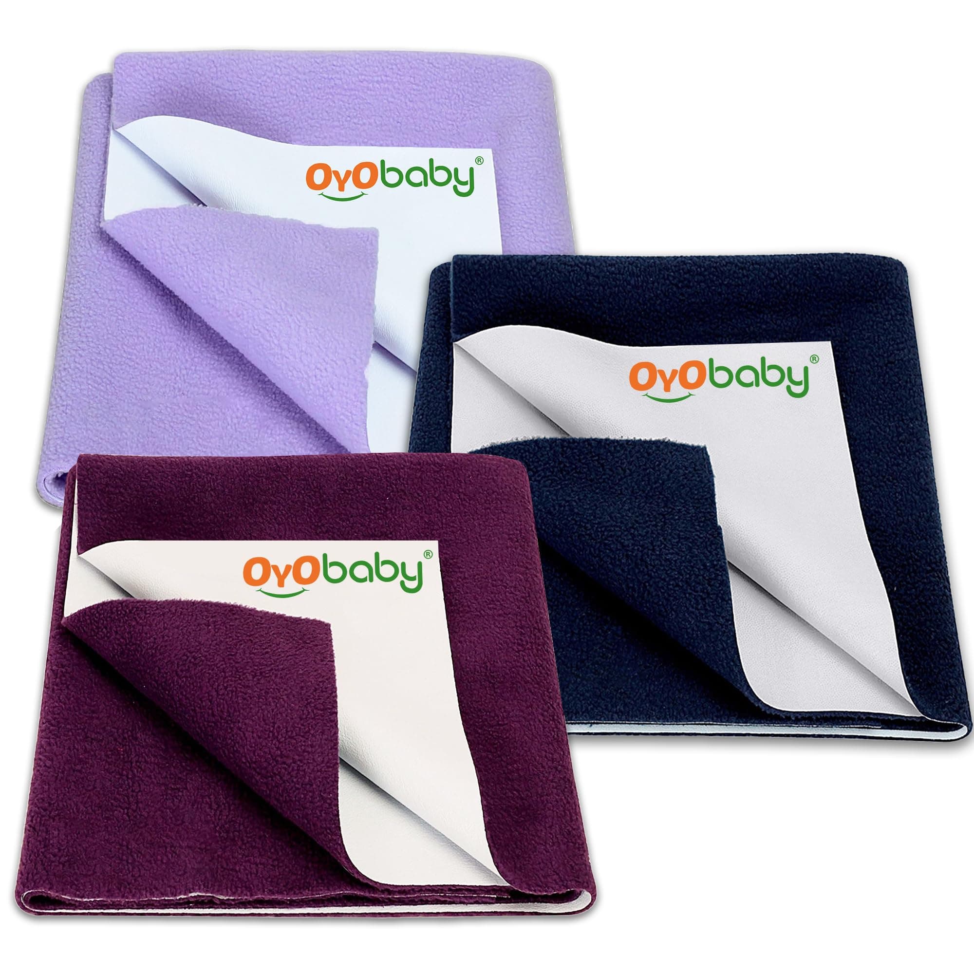 OYO BABY Anti-Piling Fleece Extra Absorbent Instant Dry Sheet for Baby, Baby Bed Protector, Waterproof Sheet, Small Size 50x70cm, Pack of 3, Dark Blue, Plum & Voilet