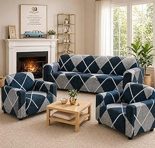 Sofa Cover 3 Seater and 2 Seater Fully Covered Universal 5 Seater Sofa Cover Non-Slip Sticky Elastic Stretchable Sofa Set Slipcover Protector for (3+1+1 Seater) (Blue Lining)