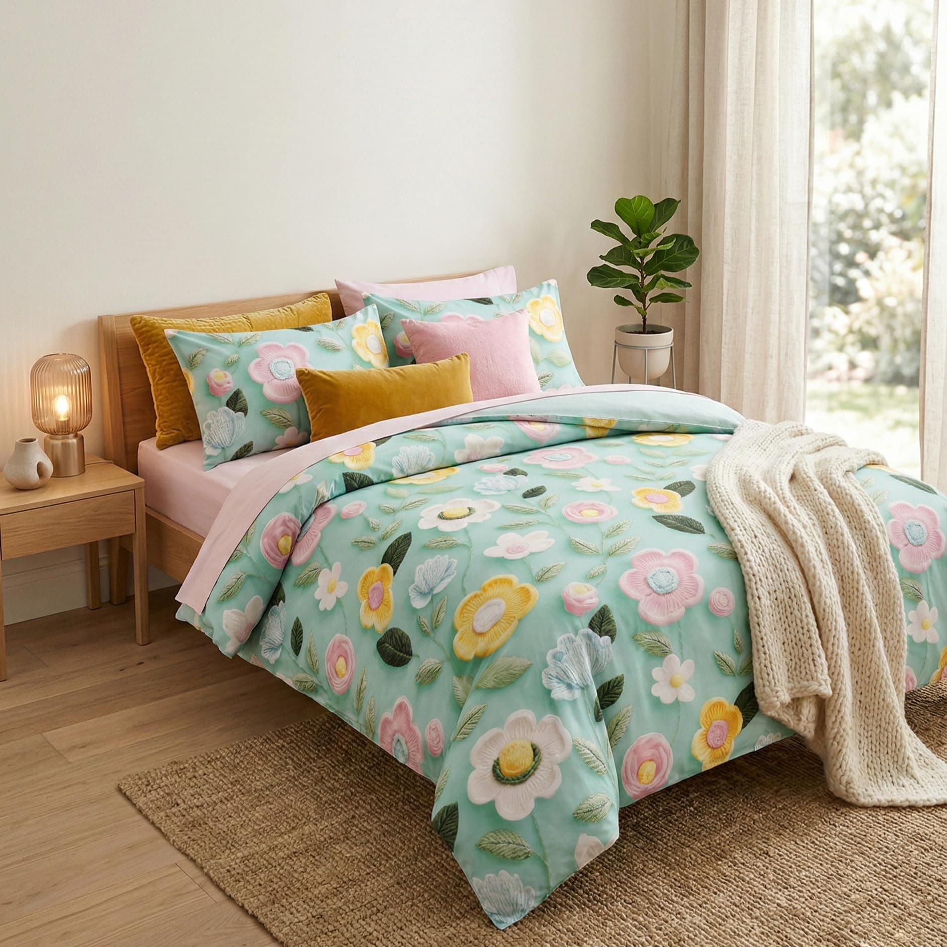LOOMLYFE 300 TC Microfiber XXL Soft Cotton Super King Size Bedsheet for Double Bed, King Size 108 Inches X 108 Inches, 9 Feet, 275 X 275 cm with 2 Large Size Pillow Covers - PastelGreenSunflowerFlower