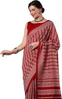 AKHILAM Women's Ajrak Block Print Soft Dola Silk Saree With Unstitched Blouse Piece