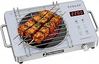 Cadlec HeatBlaze 2200W Infrared Cooktop Stove with Grill Rack for Barbecue, Crystal Glass Plate, Digital Display, Touch Control, Infrared Hot Plate (Silver)