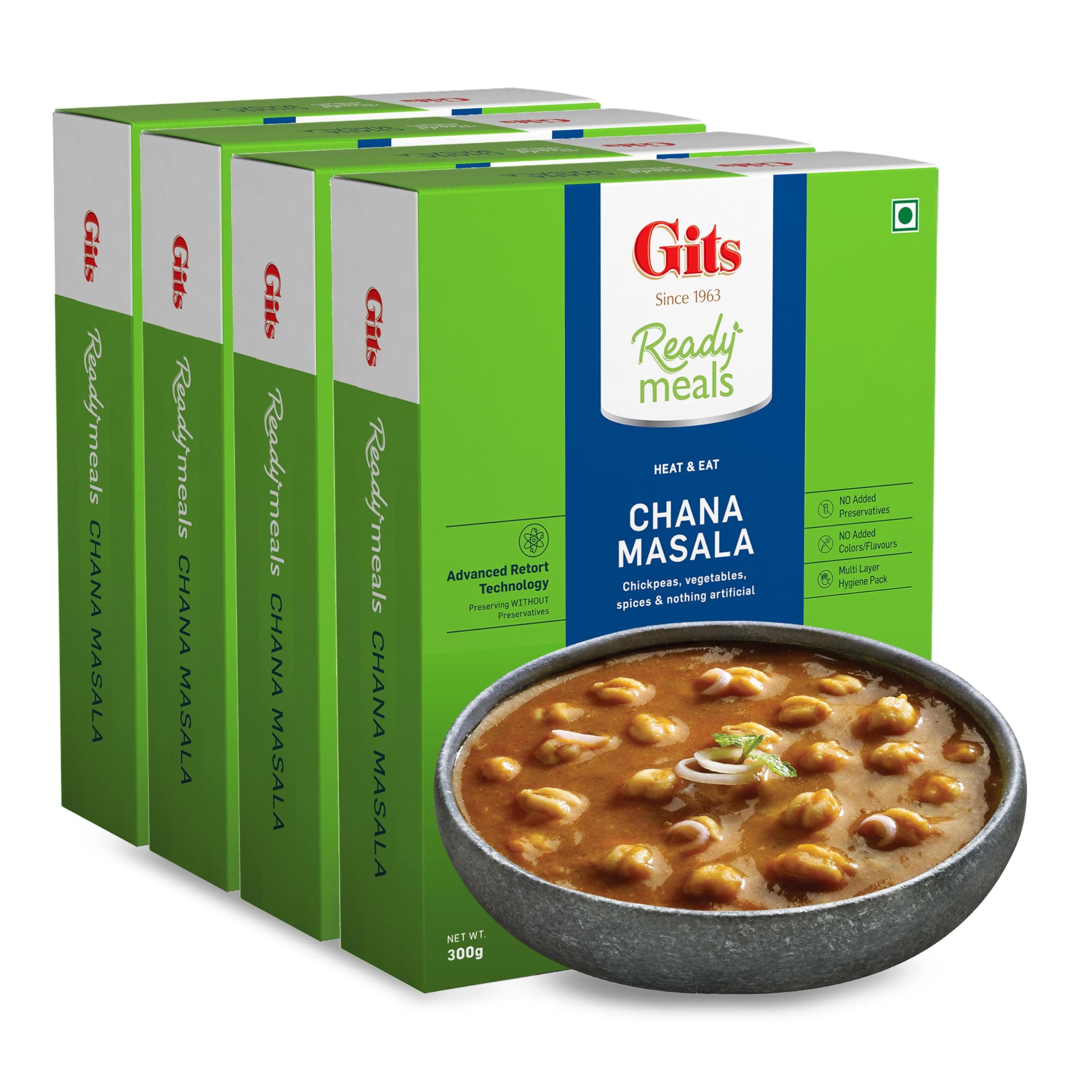 Gits Ready to Eat Chana Masala, Pure Veg, Heat and Eat,1200 g (Pack of 4 X 300g)