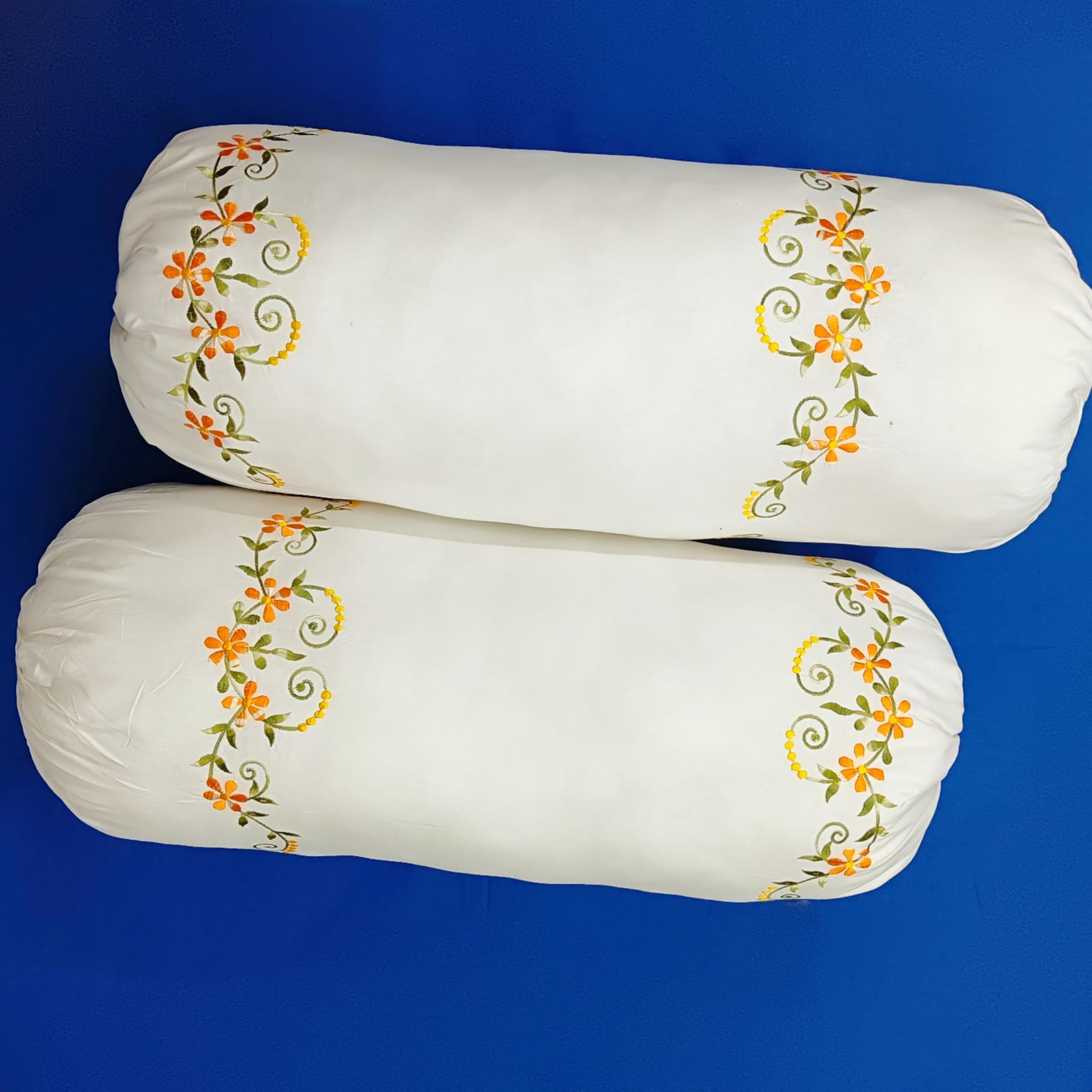 Arsha Chikankari Floral Pure Cotton Embroidery Bolster Pillow Covers Set of 2, 16"x32"