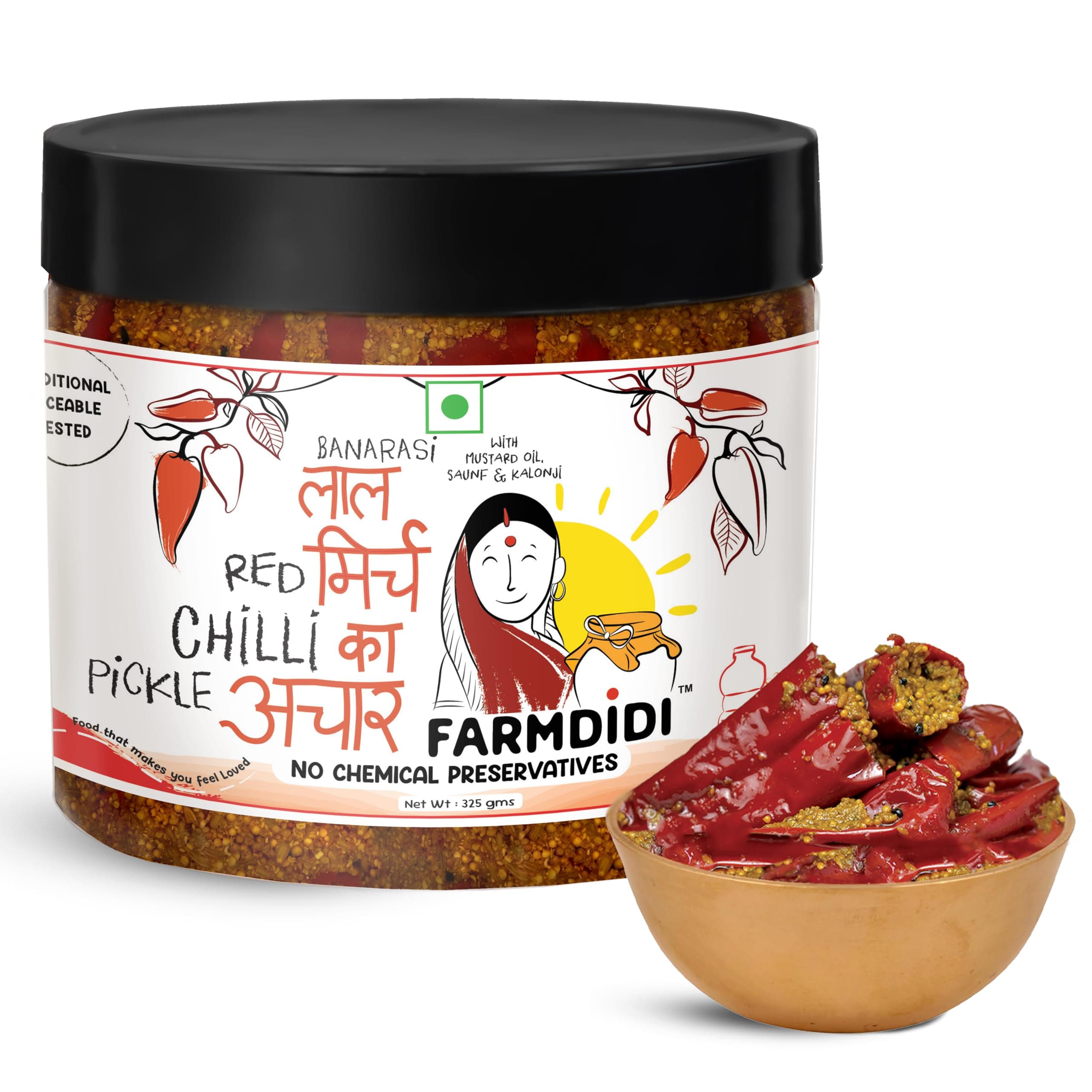 FarmDidi Stuffed Red Chilli Pickle 325g | Homemade Bharwa Lal Mirch Ka Achar with Spicy Flavor | Banarasi Style Pickle | Made With Mustard Oil | No Chemical Preservatives & No Garlic