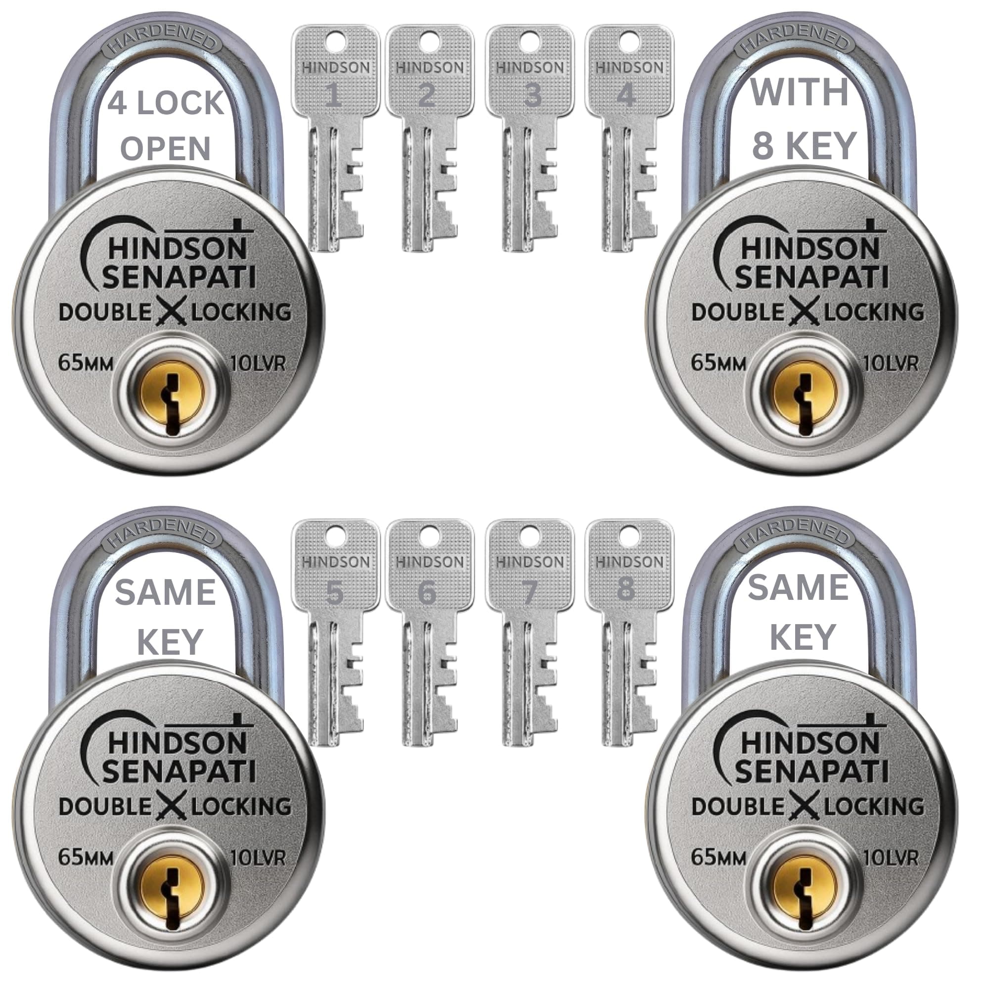 Hindson 8 Common Keys SENAPATI 65mm Double Locking | Pack of 4 with 8 Common Keys | Heavy Duty Lock and Key for Home, Door, Gate & Shutter Security | Hardened Shackle, High Safety Padlock