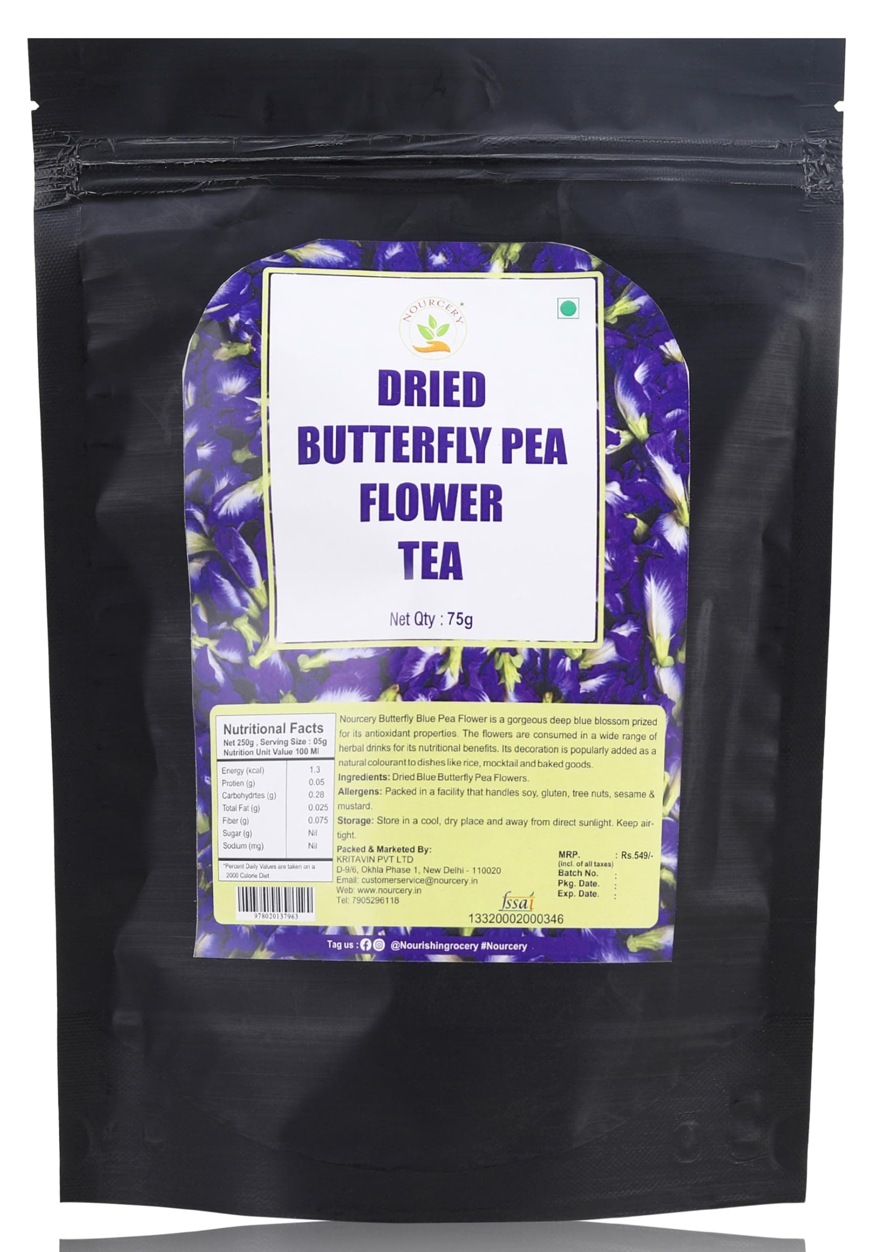Nourcery Dried Butterfly Pea Flower (75g), Dried Aparajita Flower Tea