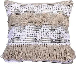 Decorative Macrame Throw Pillow Cover Handmade, Stylish Macrame Cushion Cover Hand Woven for Sofa, Living Room Sittings, Balcony & Office Zip Included (18x18 Inch, Off White)