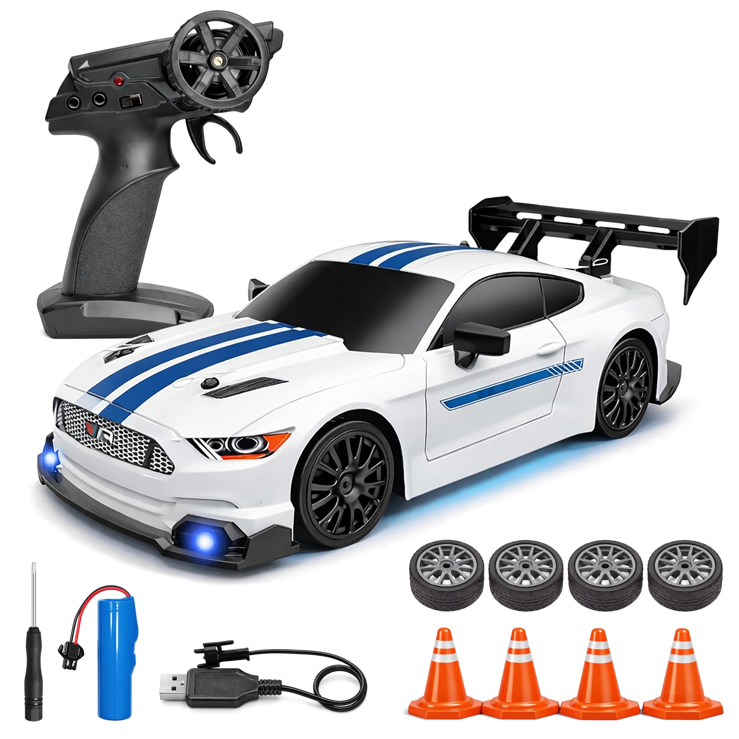 ARLUV 2.4GHz Remote Control Drift Racing Car Toy for Kids with LED Lights - 4WD 20Kmph RC Drifting Car with Extra Rubber Tires, Cones Barriers & Rechargeable Battery - Color and Design As Per Stock