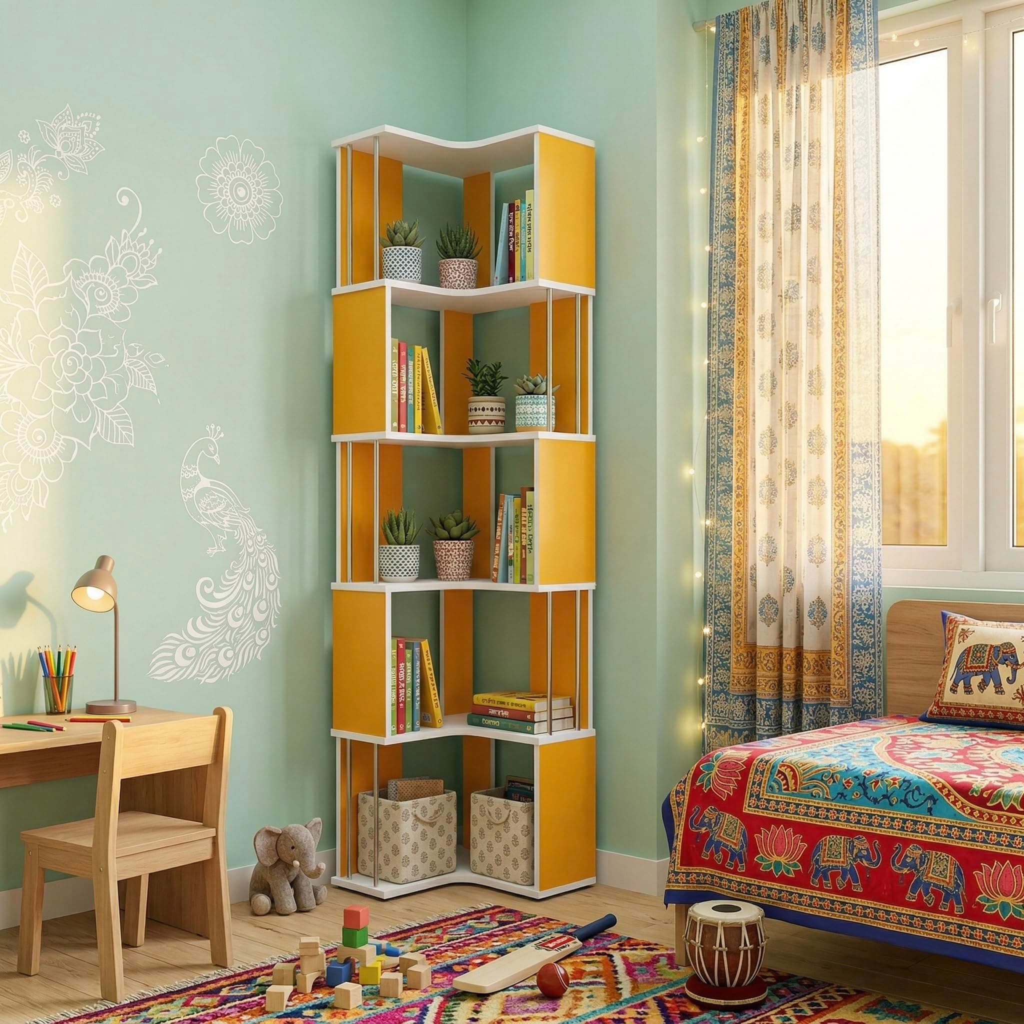 Studio Kook Vista Engineered Wood Corner Bookshelf | Bookcase (Matte Finish) (Sunshine Yellow)