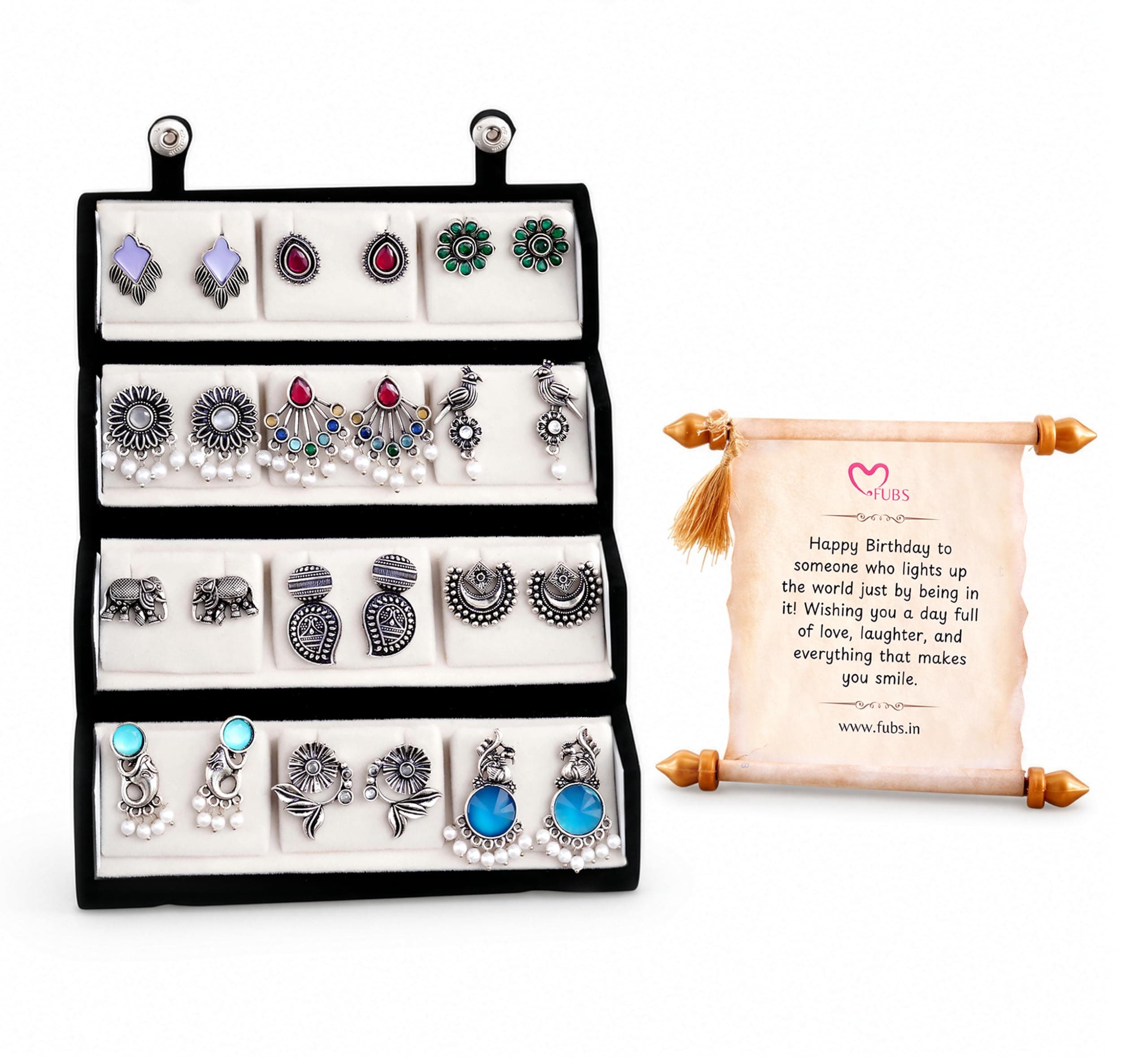 FUBS Oxidized Designer Stud Earrings Set of 12 with Folding Jewelry Box | Traditional & Modern Earring Set for Women & Girls