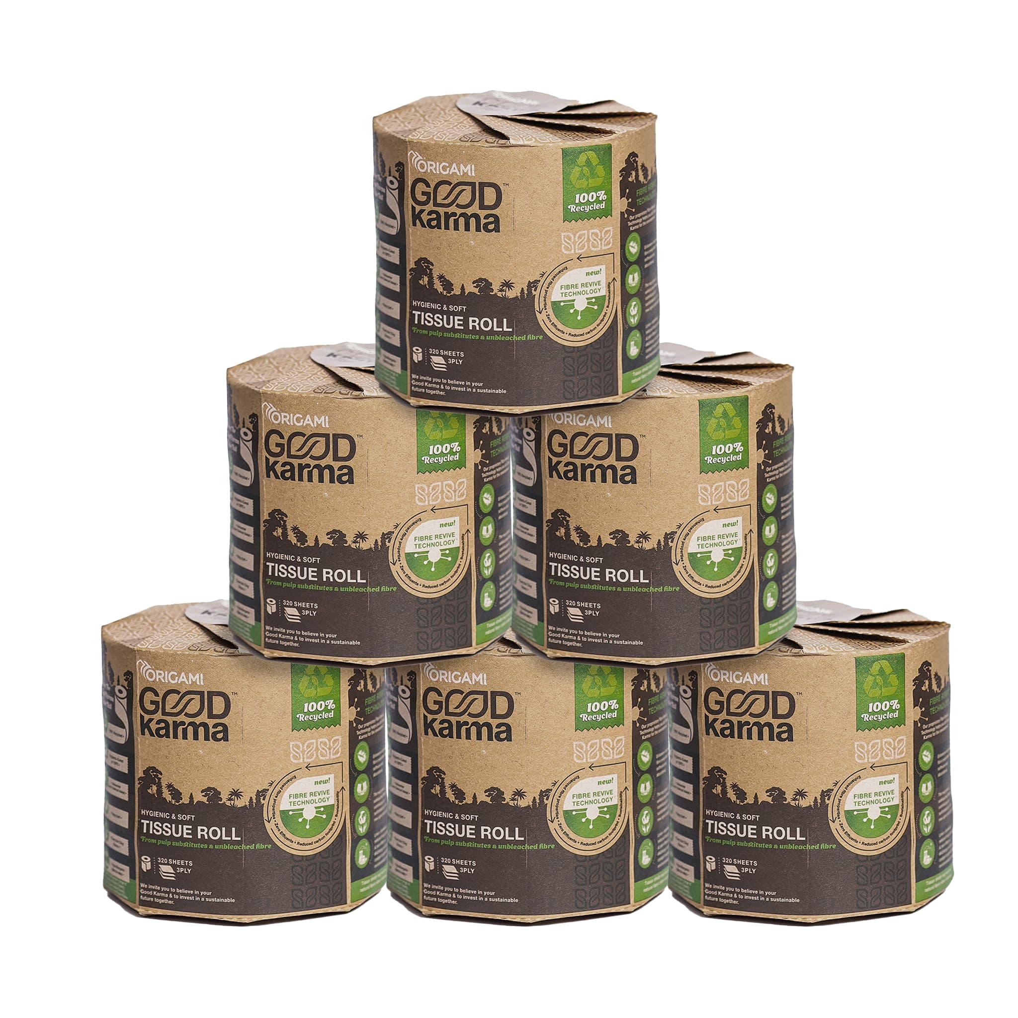 Origami Good Karma 3 Ply Unbleached Eco Friendly Toilet Tissue Paper Pack of 6 Brown | Ultra Absorbent with No Clog & Easy Flush Feature | Gentle on Skin (320 Pulls Total 1920 Sheets)