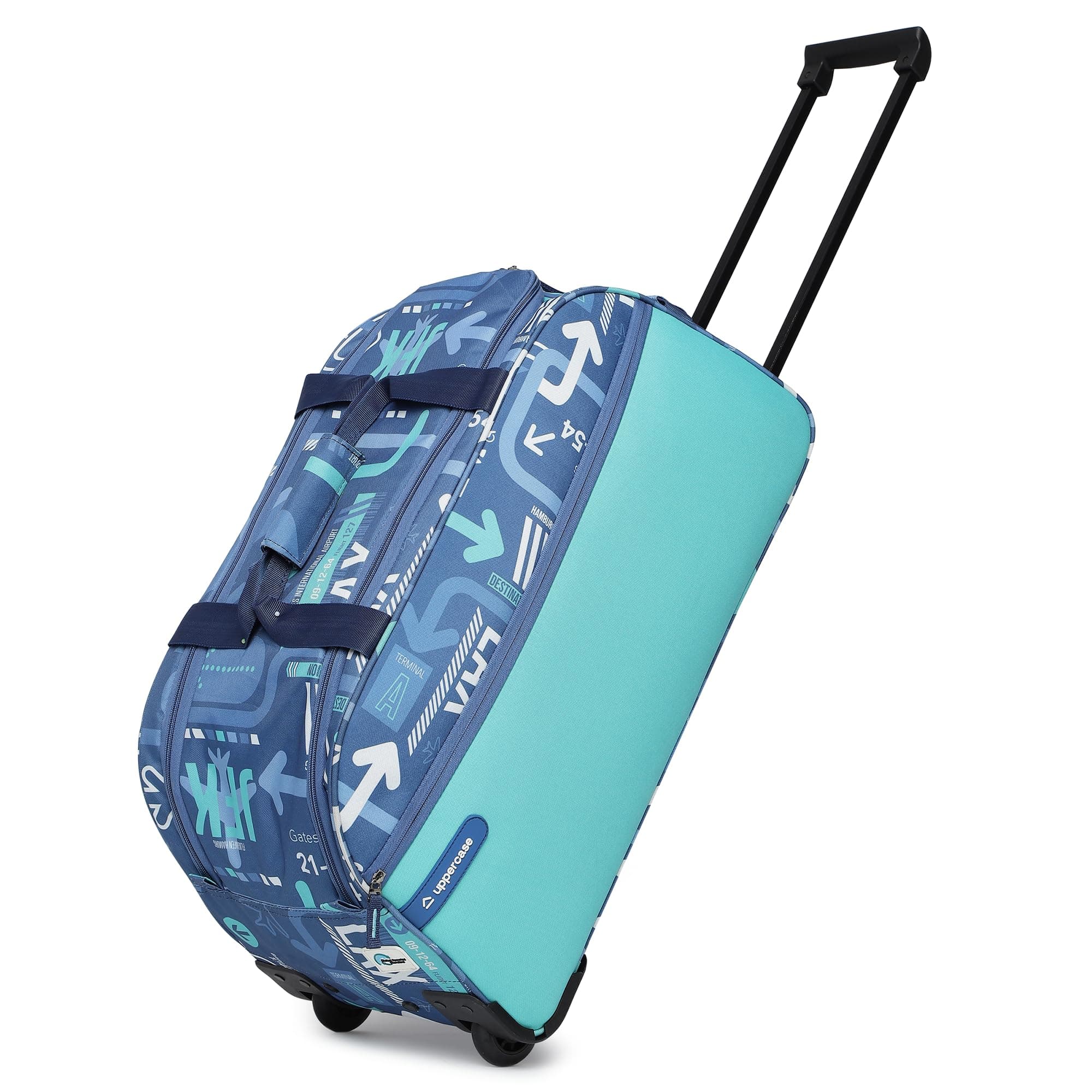 uppercase Polyester Jfk 62 Duffle Trolley Bag| Dust Resistant Travel Bag| Spacious Main Compartment|Smooth Wheels|Quick Front Pocket Access| Duffle Bag For Women & Men|1500 Days Warranty (Denim Blue)