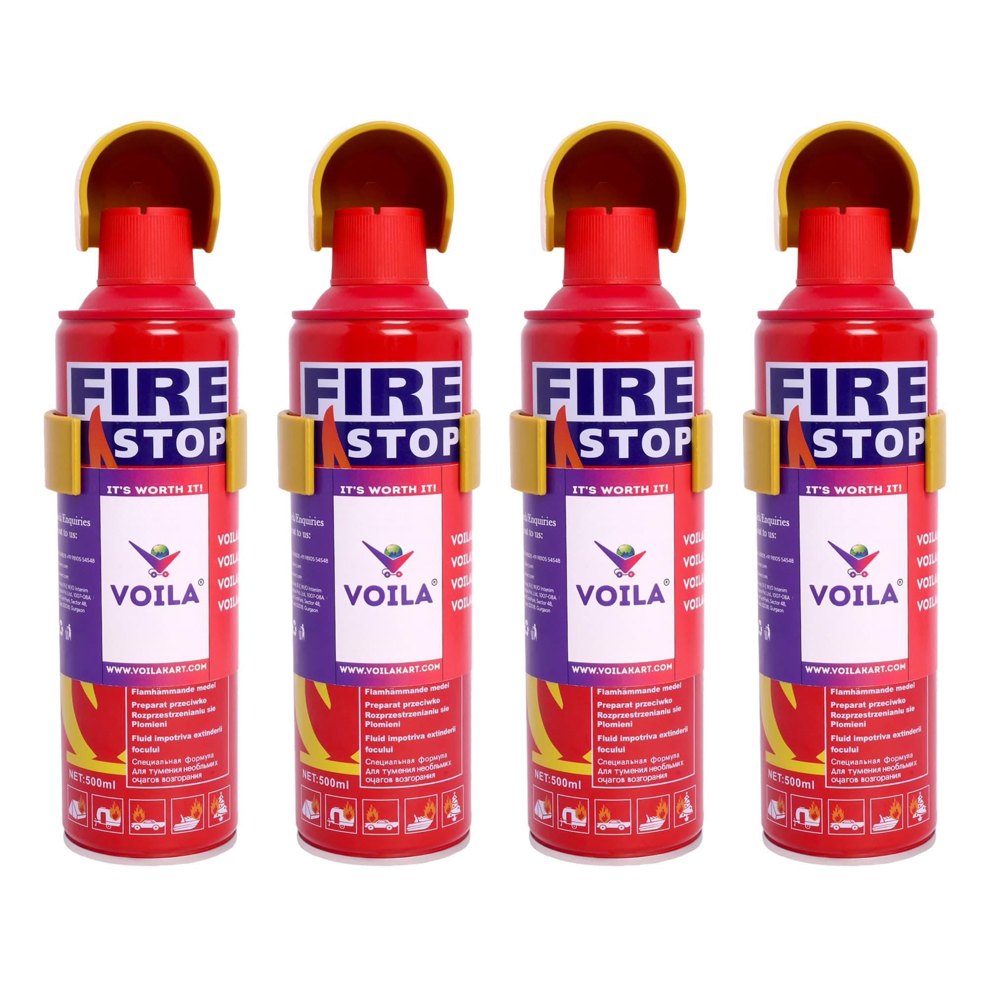 VOILA Aluminium Fire Extinguisher Spray with Stand, Pack of 4 - Lightweight Portable Fire Extinguisher for Home, Kitchen, Car, Office & Travel - Quick Emergency Fire Protection