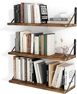 OXMIC Rustic Wood Wall Shelves with Black Metal Brackets, Book Shelf for wall, wall Shelves, wall Book Shelf, 20x6 Inch, Set of 3, for Books and Decor