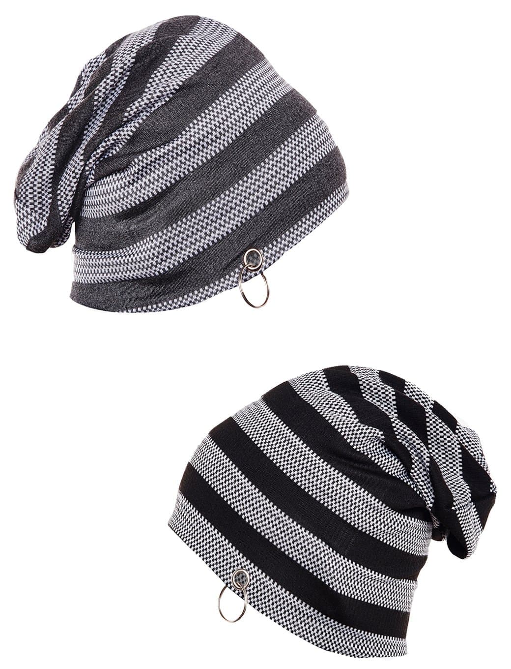 VIMAL JONNEY Striped Black and Grey with Ring Beanie Cap for Men(Pack of 2)-Ring_Cap_STR_BLK_Gry_02