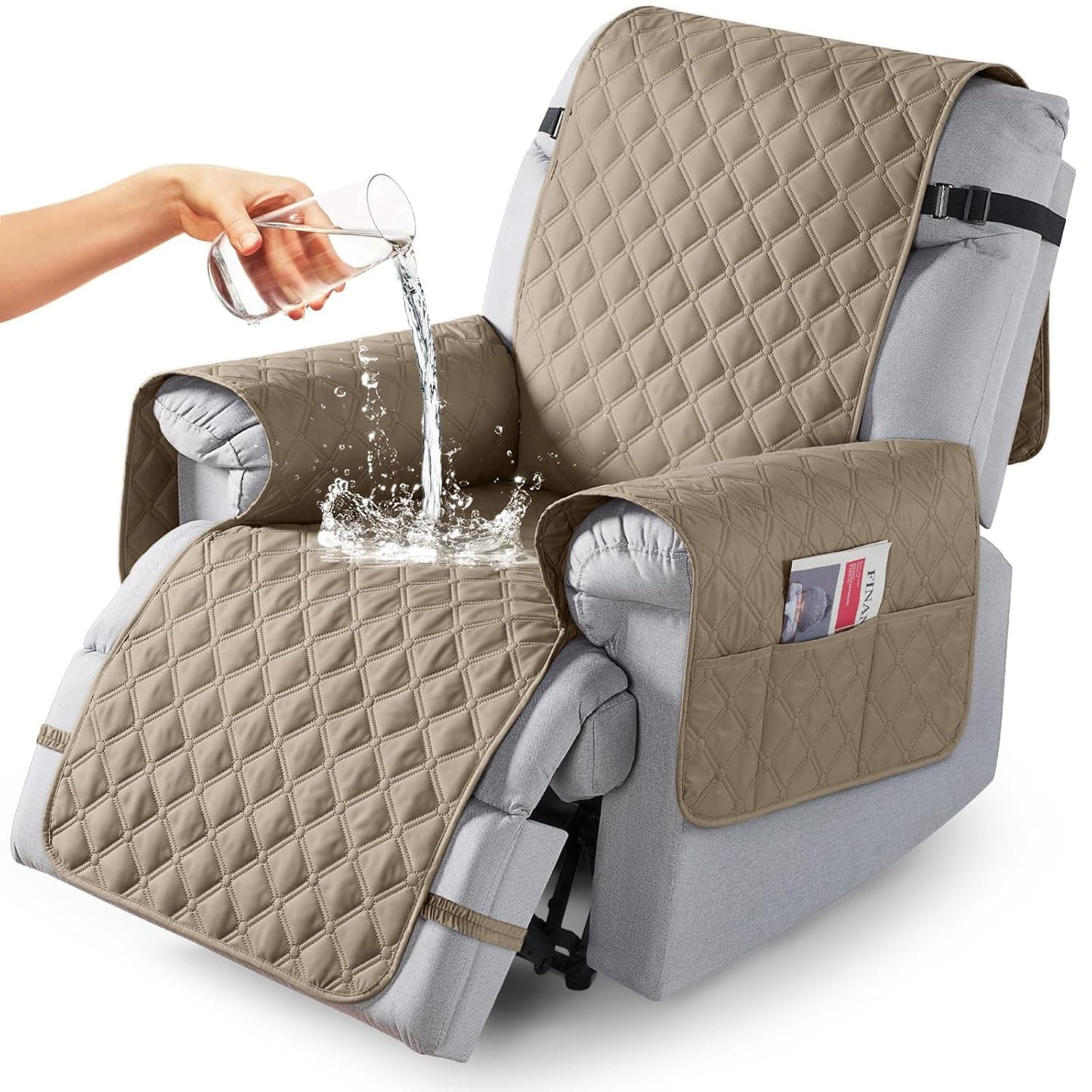 unique pet collections Waterproof Recliner Cover 1 Seater, Reversible Quilted Sofa Cover with Pockets, Non-Slip Recliner Sofa Cover for Pets Kids, Single Seater Chair Cover (Khaki)
