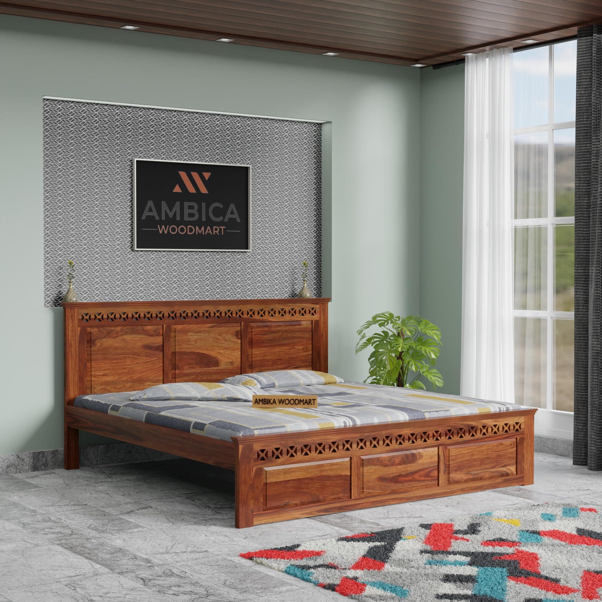 AMBICA WOODMART Sheesham Wood King Size Bed Without Storage, Solid Wooden Cot Double, Wooden Bed Frame, Use for Bedroom, Living Room Home Areas
