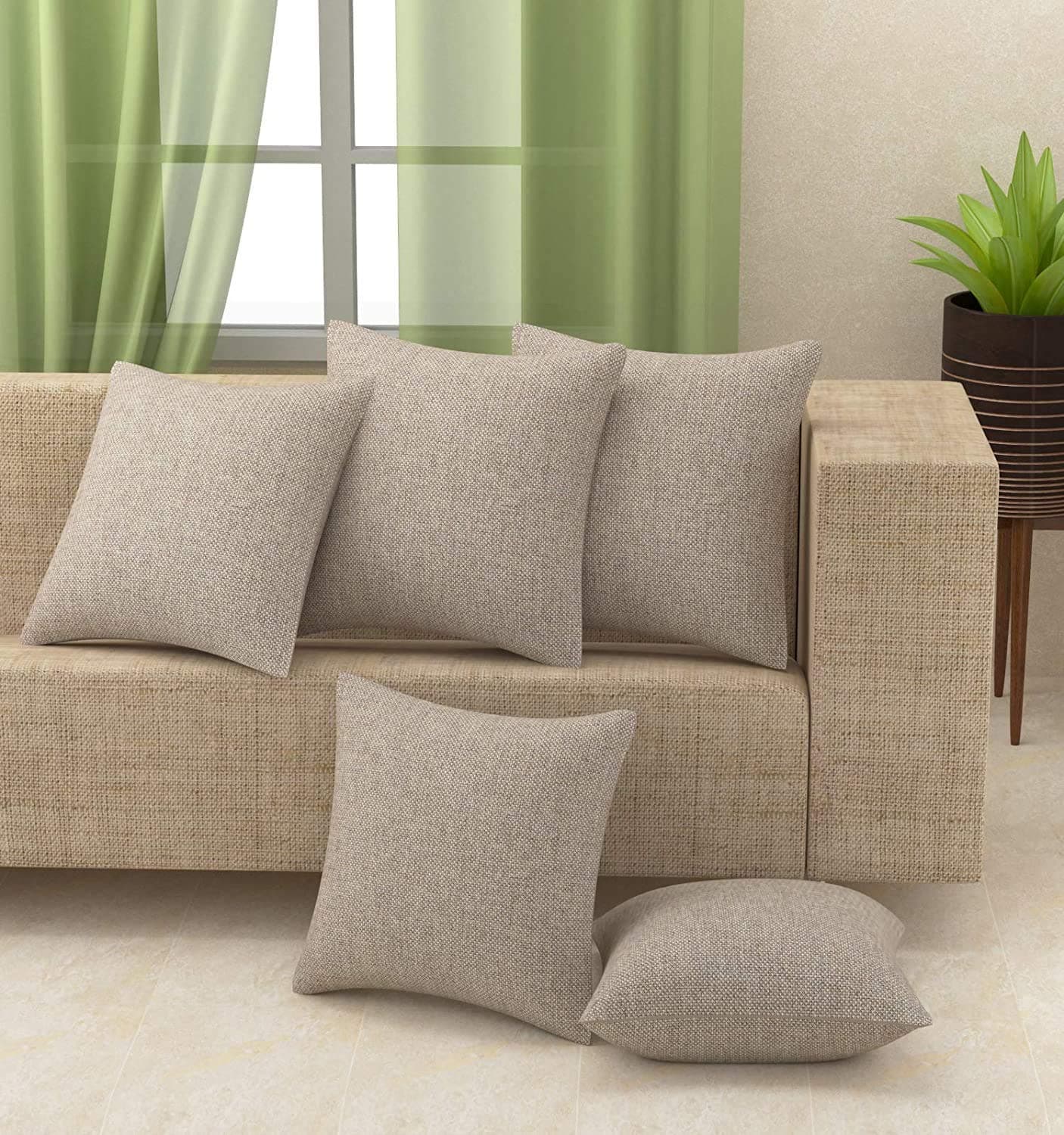 Yellow Weaves Jute Texture Cushion Covers, 16 X 16 Inches, Beige, Set of 5, 250 tc