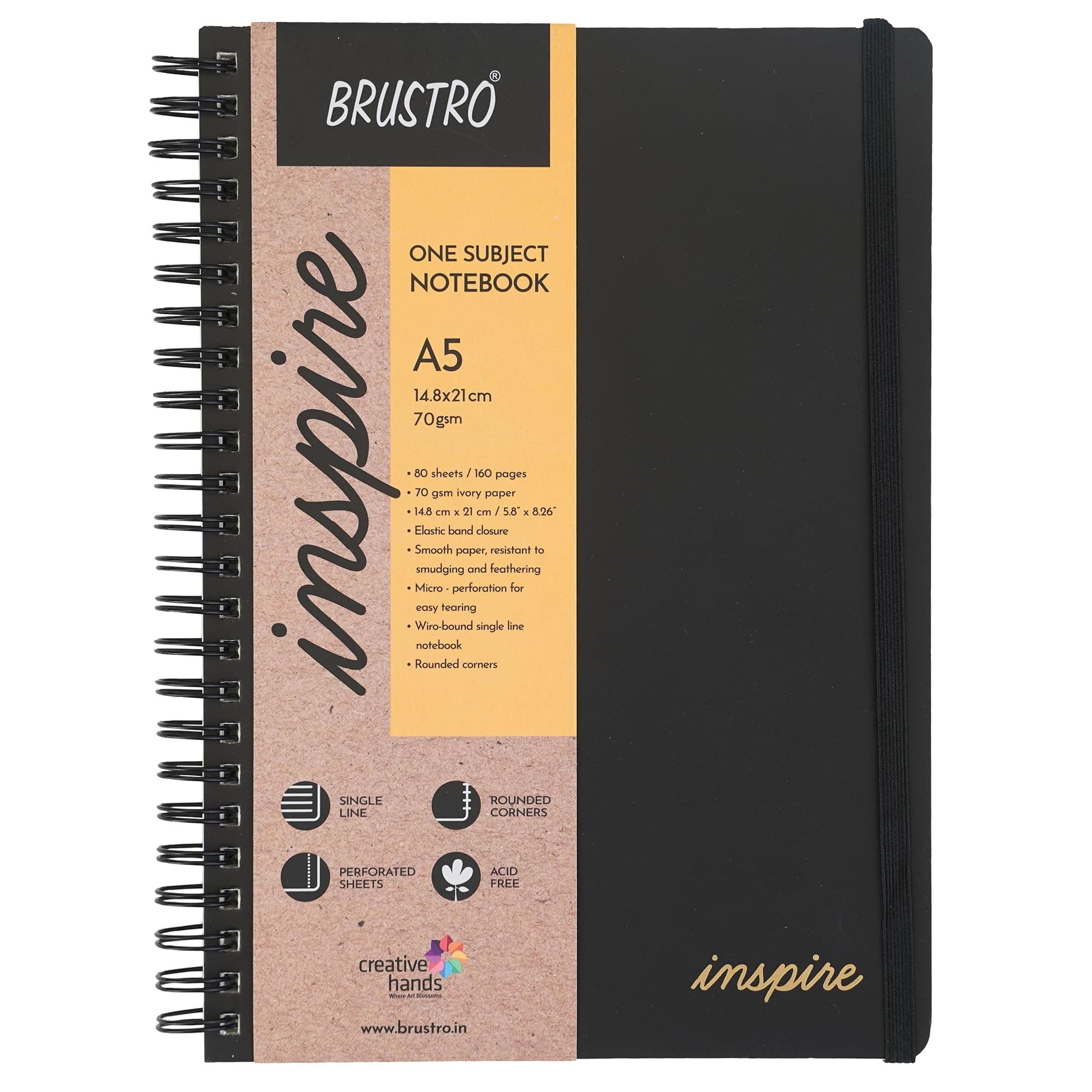 BRUSTRO Inspire A5 Size, 1 Subject Ruled Notebook, 80 sheets / 160 pages, 70 gsm ivory paper, Black cover with Rounded corners, Perforated Sheets, Velvety Touch Cover for a Premium Writing Experience