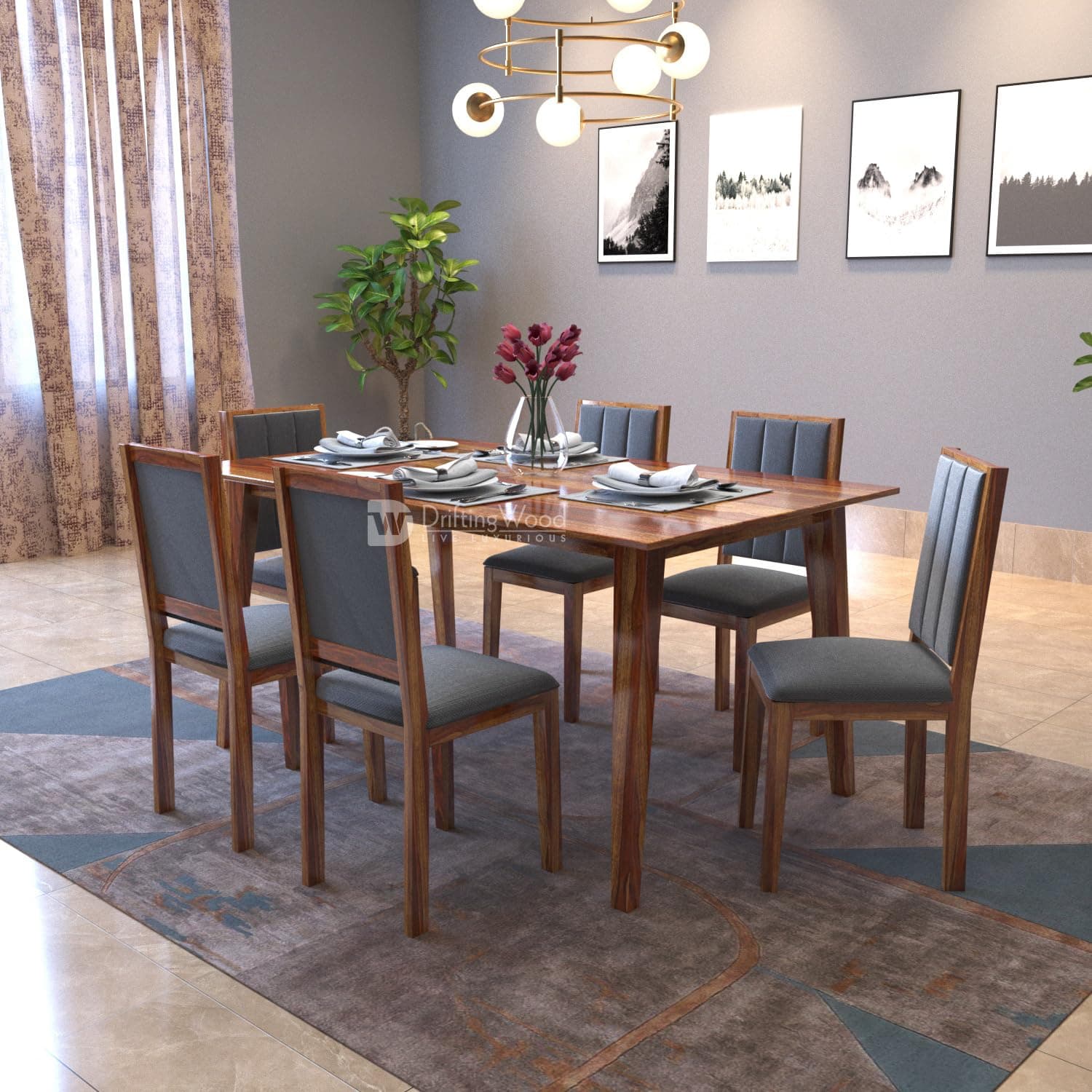 DRIFTINGWOOD Tiya Dining Table 6 Seater | Six Seater Dinning Table with 6 Chairs in Gray Cushions for Home | Rosewood, Honey Finish, Self Assembly(DIY)