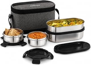CELLO MF Senator Set of 4 Stainless Steel Lunch Box with Extendable Zipper Bag, Black | 300ml, 300ml, 500ml Containers, 750ml Oval Container with Spoon & Fork, Leakproof Airtight Tiffin Set for Office
