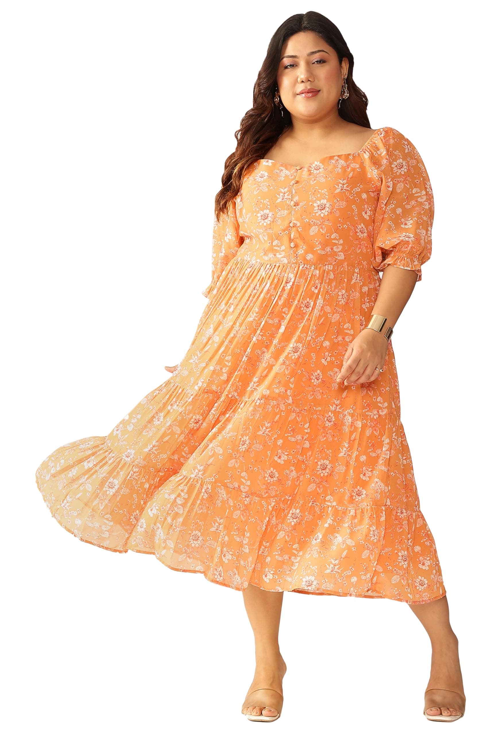 Janasya Women's Plus Size Orange Georgette Floral Printed Tiered Dress