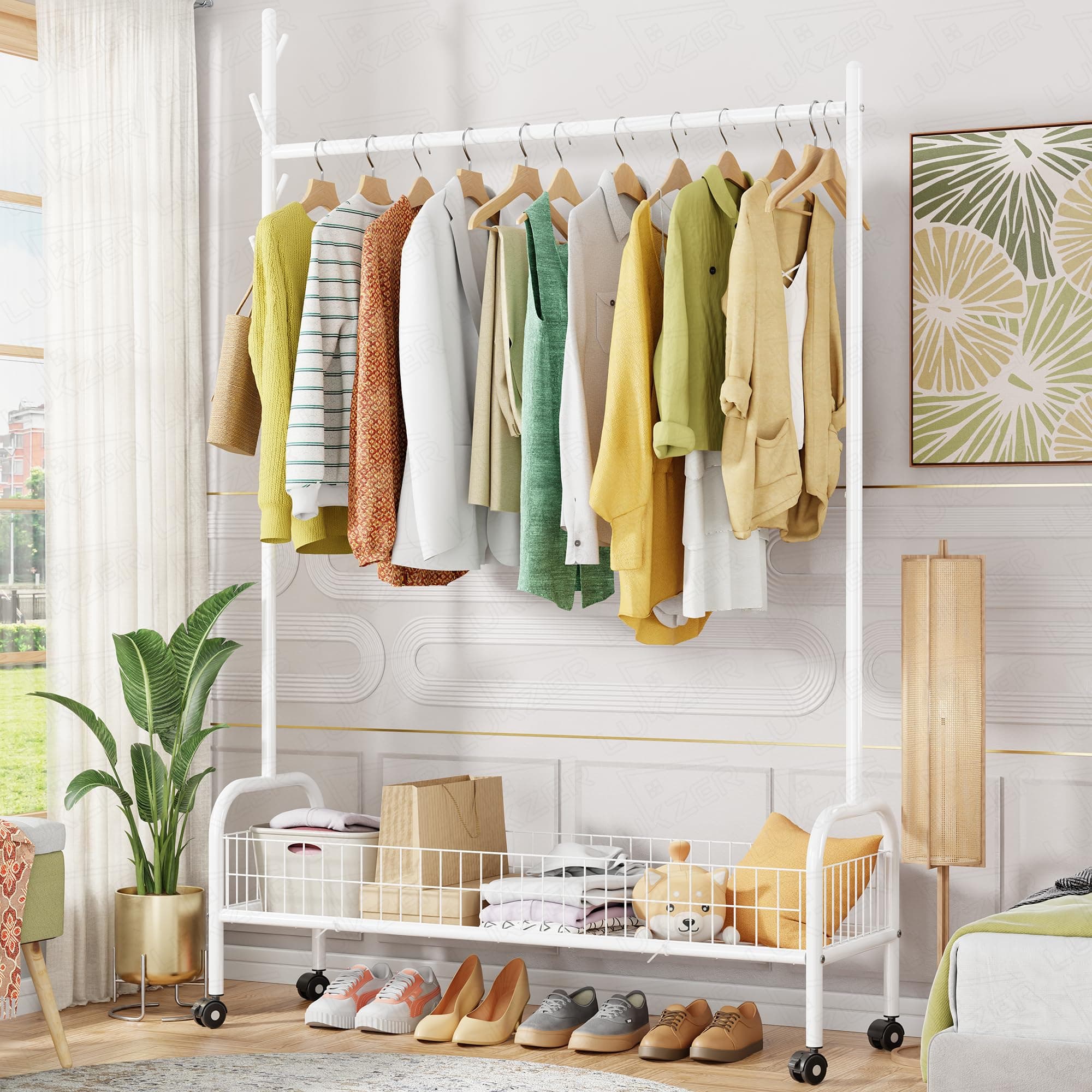 Lukzer | MGR-003 | White | Metal Garment Rack with Wheels, Bottom Shelf & Single Rod – Cloth Organizer for Hanging Kurtas, Jackets, Bags in Bedroom, Office, Hostel & More | 173 x 110 x 35 cm