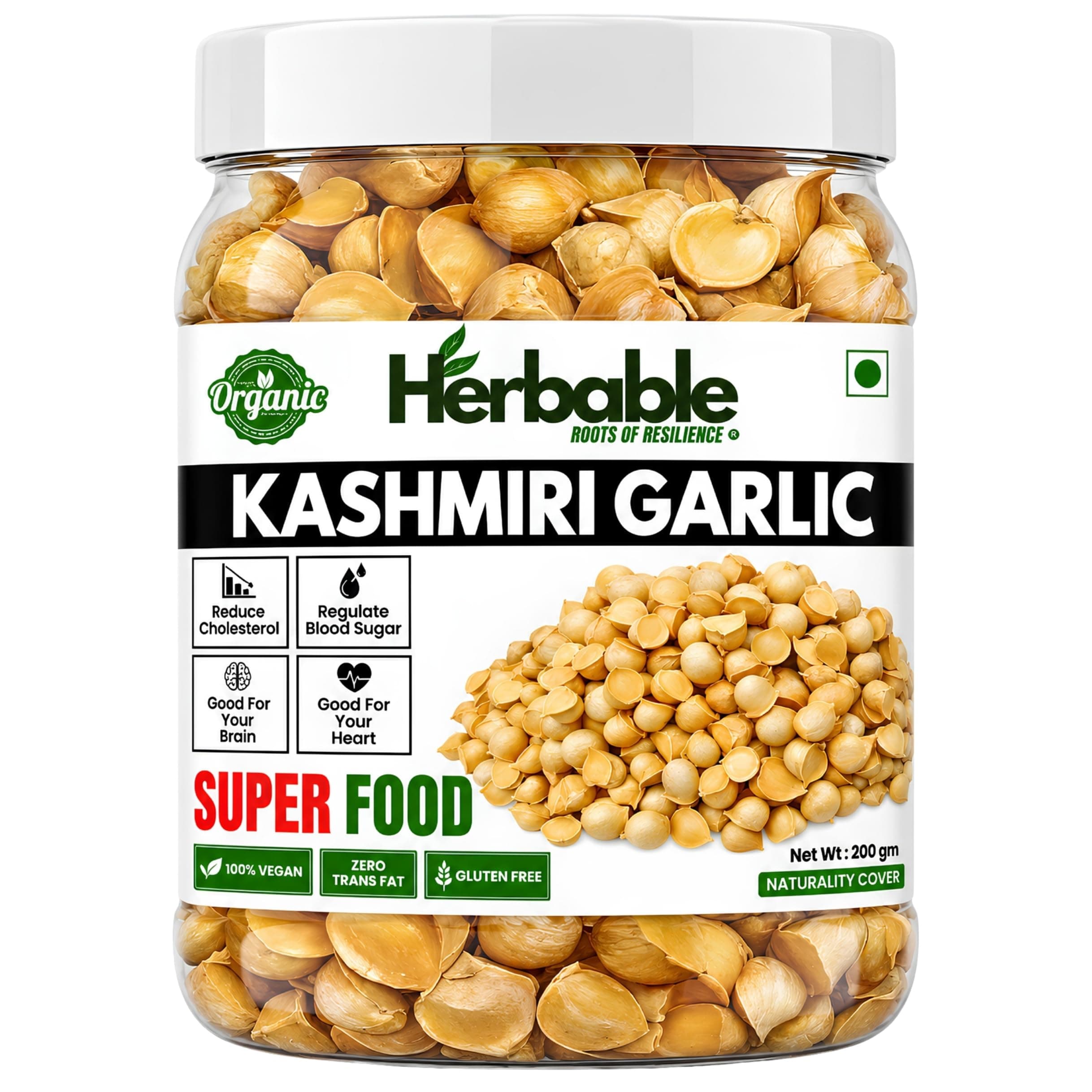 Herbable Kashmiri Lehsun (200g) | Premium Kashmiri Garlic Pods | 100% Natural & Pure | Gluten Free | Zero Cholesterol | Traditionally Valued Himalayan Garlic - Jar Pack | Pack Of 1