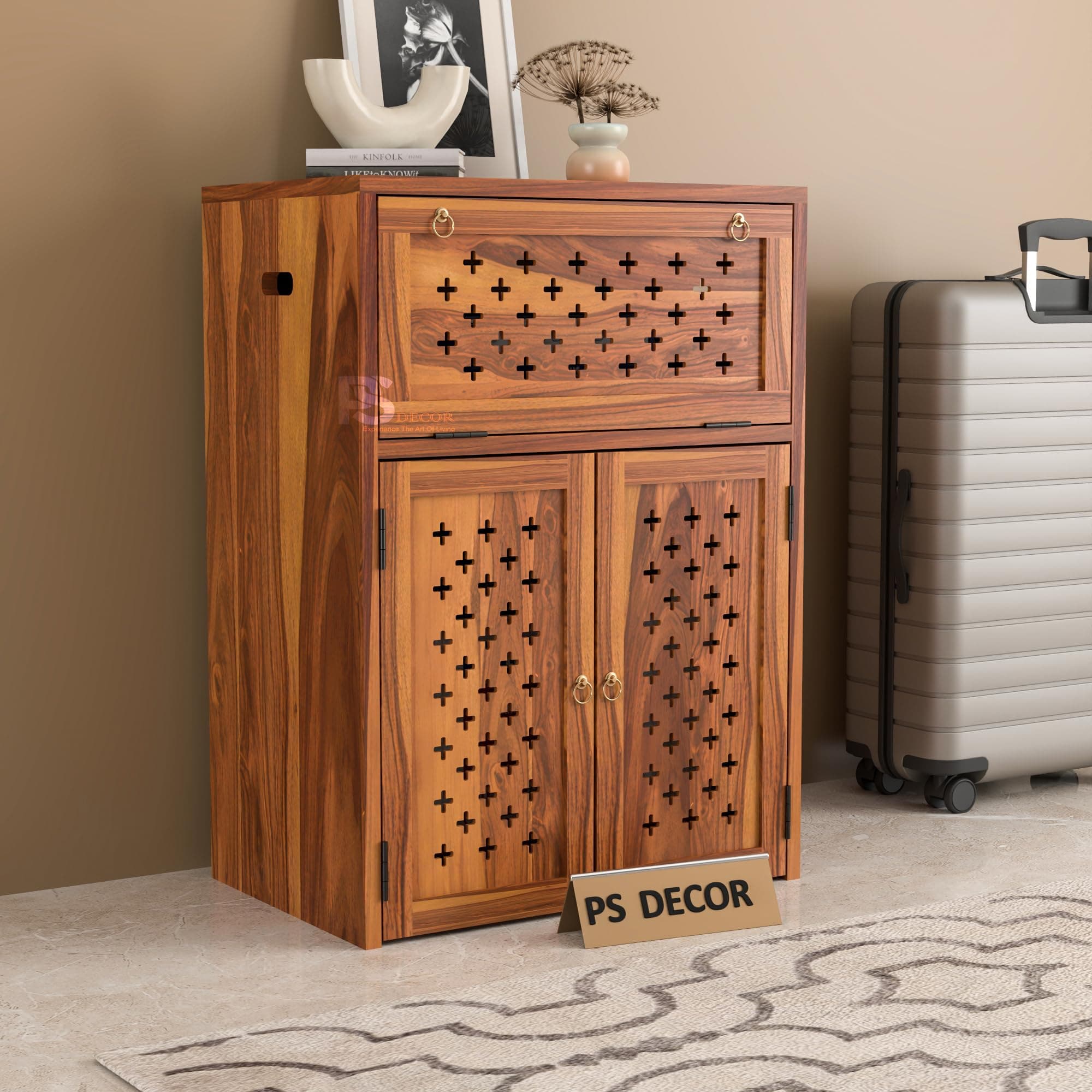 PS DECOR Solid Wooden Inverter Battery Cabinet | Single Battery Box | Wooden Inverter Battery Cabinet | Battery Box | Sheesham Wood, Standard (Natural Finish)