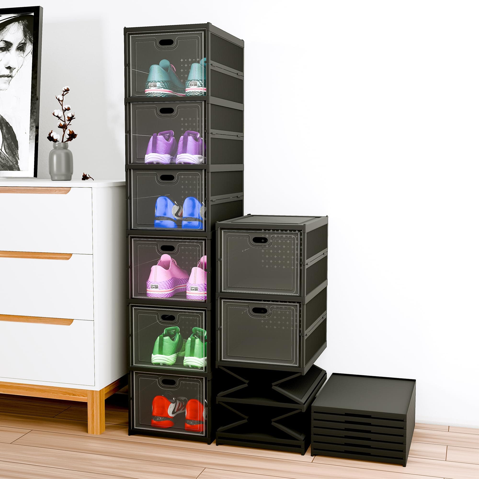 Kuber Industries Plastic 6 Layer See Through Foldable Closed Shoes Racks for Home | Shoe Boxes Storage/Sneaker Shoe Box Stand | Organizer for Wardrobe | Collapsible Shoe Rack Storage | Matte Black
