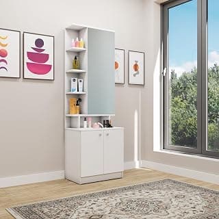 VIKI | Engineered Wood Dressing Table with 2 Door & 1 Mirror Door and Huge Shelf Storage Space | Vanity for Living Room, Bedroom (Frosty White - 60W x 40D x 182.6H cms)